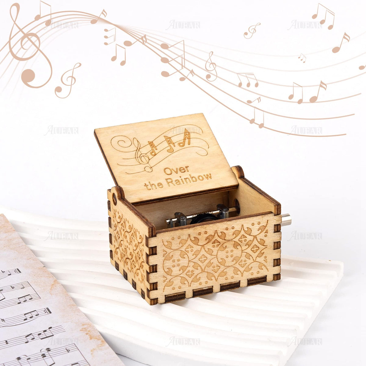 AUEAR, Over The Rainbow Wooden Music Box Hand Crank Laser Engraved Vintage Musical Small Unique Gift for Birthday Wedding Christmas Valentines Day (Style D)