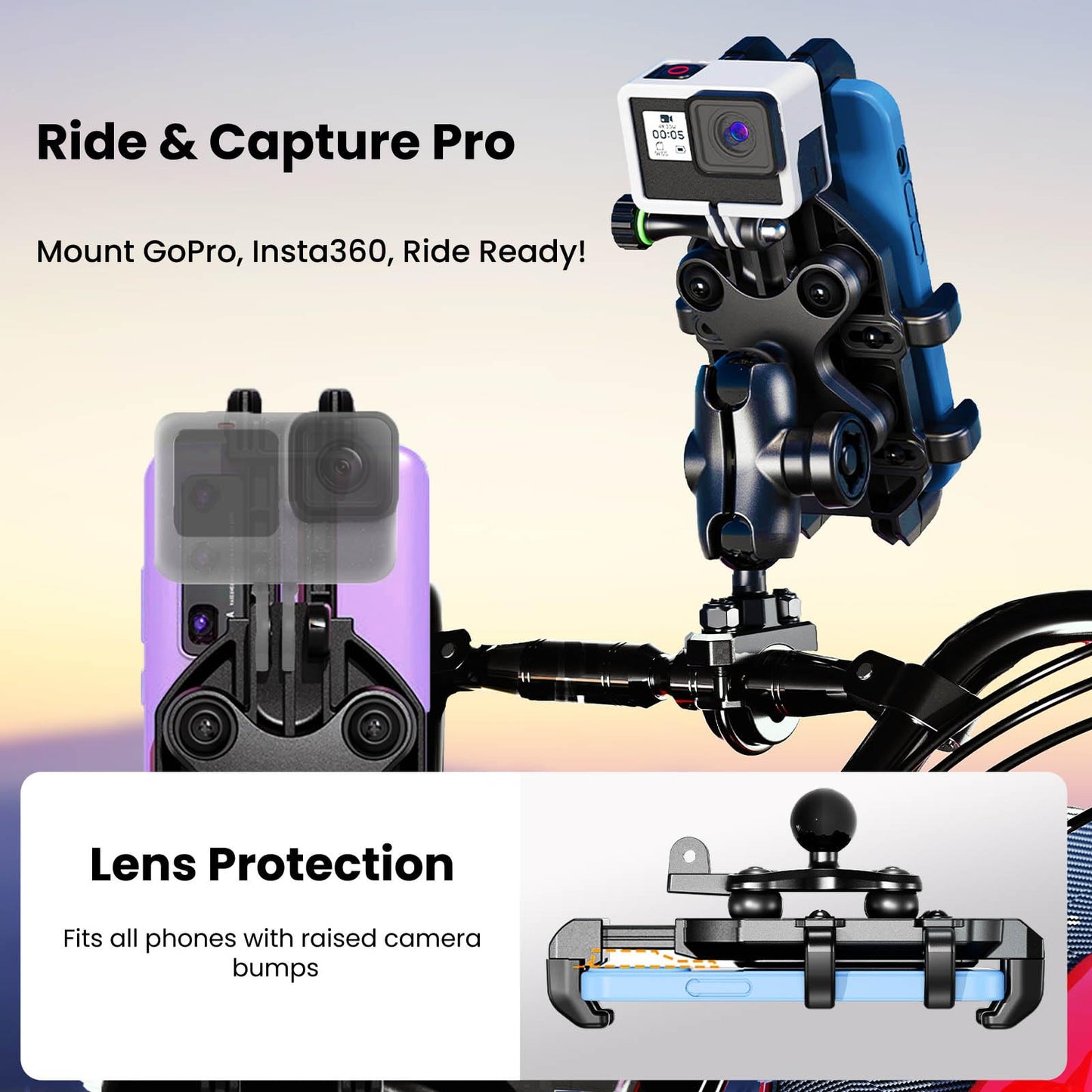 Thlevel Motorcycle Phone Mount Holder with Vibration Dampener Anti-Shake 720° Adjustable for iPhone 16 Pro Max for Samsung 5.4''-6.9'' Phone Anti-Theft Dirt Bikes(U Shape Base 0.6-1.1" Handlebar)