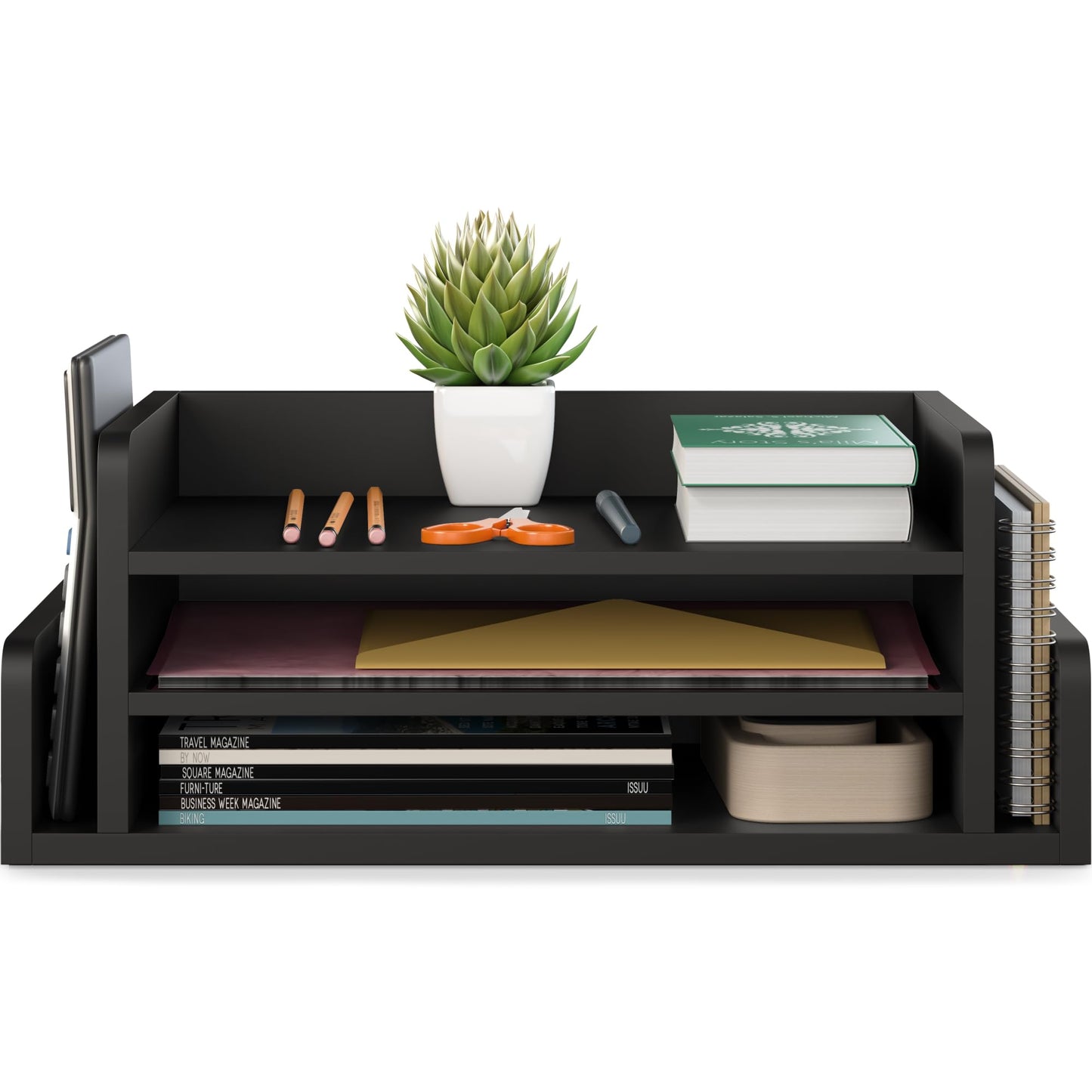 Ballucci 3-Tier Desk Organizer with 2 Side Mail Sorter Slots, Wood Letter Tray, Open Top Paper Organizer, Desktop File Organizer, Black