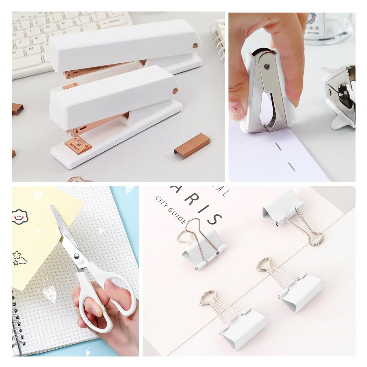 11 Pcs White Desk Accessories, 360 Degree Rotating Pen Holder Set with Stapler Set, Tape Dispenser Set, Scissor, Paper Clips Kit, Pen, Ruler & Sticky Tabs for Office School Home (White)