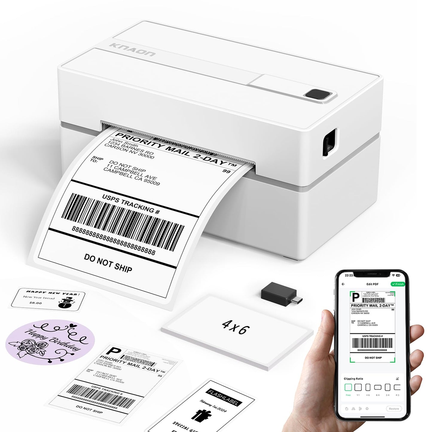 KNAON Bluetooth Thermal Shipping Label Printer, 4x6 Portable Thermal Address Label Printer for Small Business, Compatible with iPhone,Android,Windows,Mac–Works with Etsy Shopify USPS&More, White