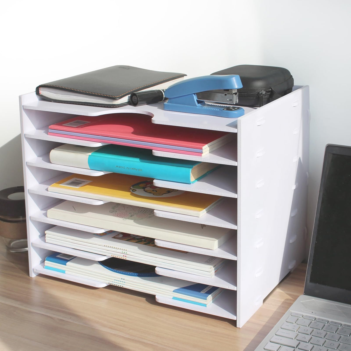 SONGWAY File Organizer for Desk - 7 Tier Wide Document Holder, Letter Mail Tray Storage Rack, A4 Paper Storage Holder, Desktop Organizer for Home Office School, White