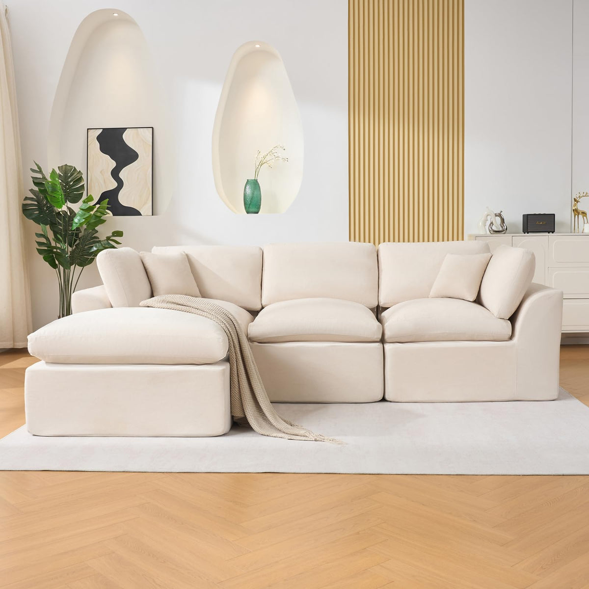 Garvee Modular Sectional Sofa, 110'' Sponge Compression Sofas with Deep Seat, Sectional Couches for Living Room and Bedroom, No Assembly Required, White