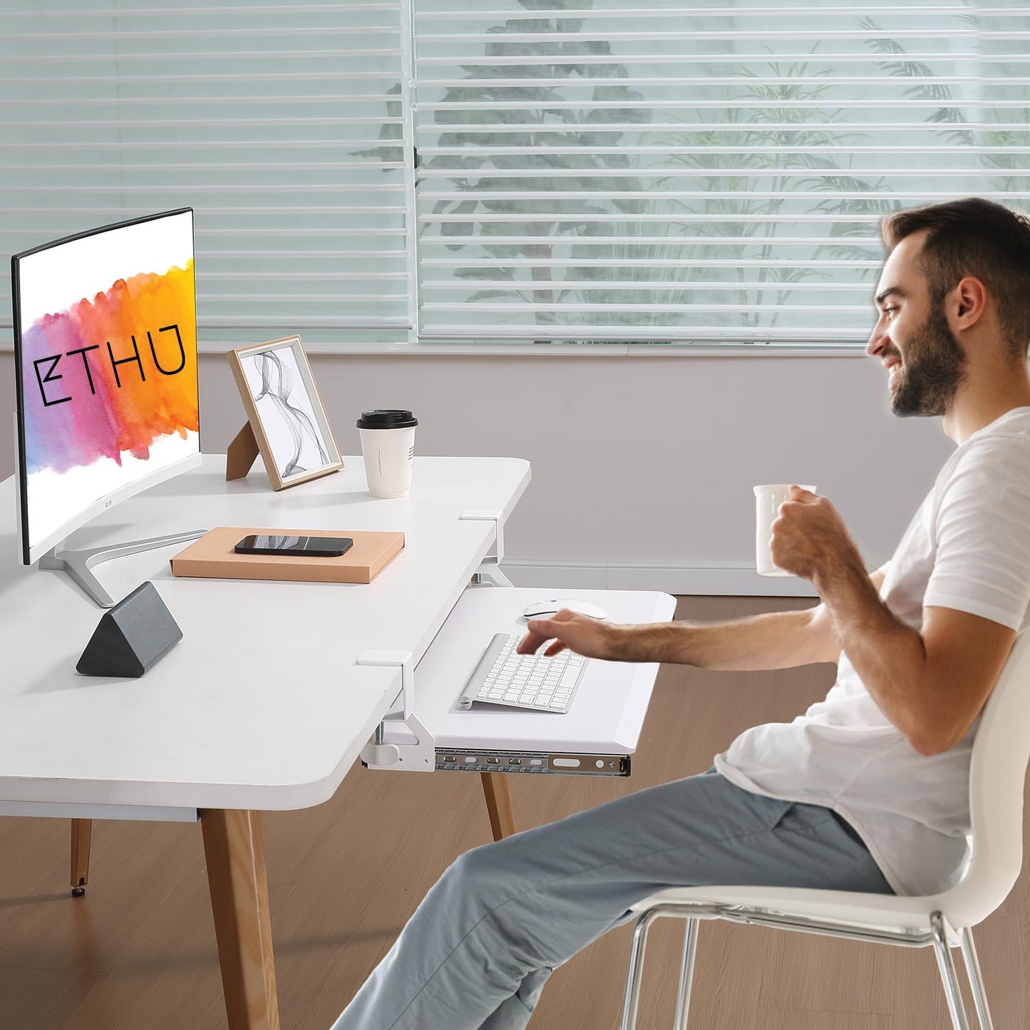 ETHU Keyboard Tray Under Desk, 19.7" X 12.2" Small Size C Clamp Keyboard Drawer Under Desk, Computer Keyboard Stand Slide Pull Out, Ergonomic Keyboard Tray for Home, Office(White)