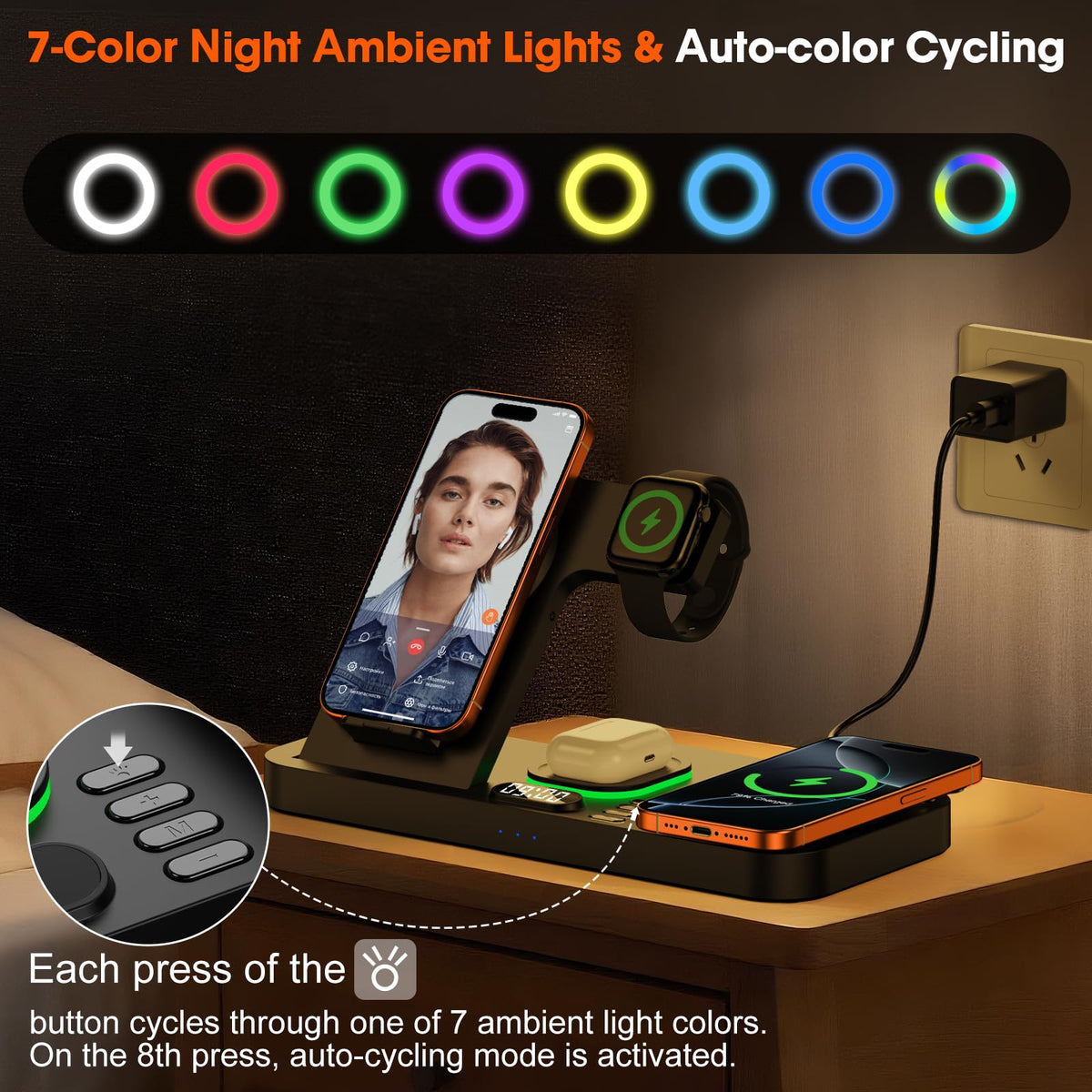 Dual Phone Magnetic Wireless Charging Station for Apple Devices/Apple Ecosystem, 7-Color Auto Light & 12H Clock, Multi-Device Charger for iPhone 17/16/15, for iWatch 11/10/9 & AirPods Pro3(Black