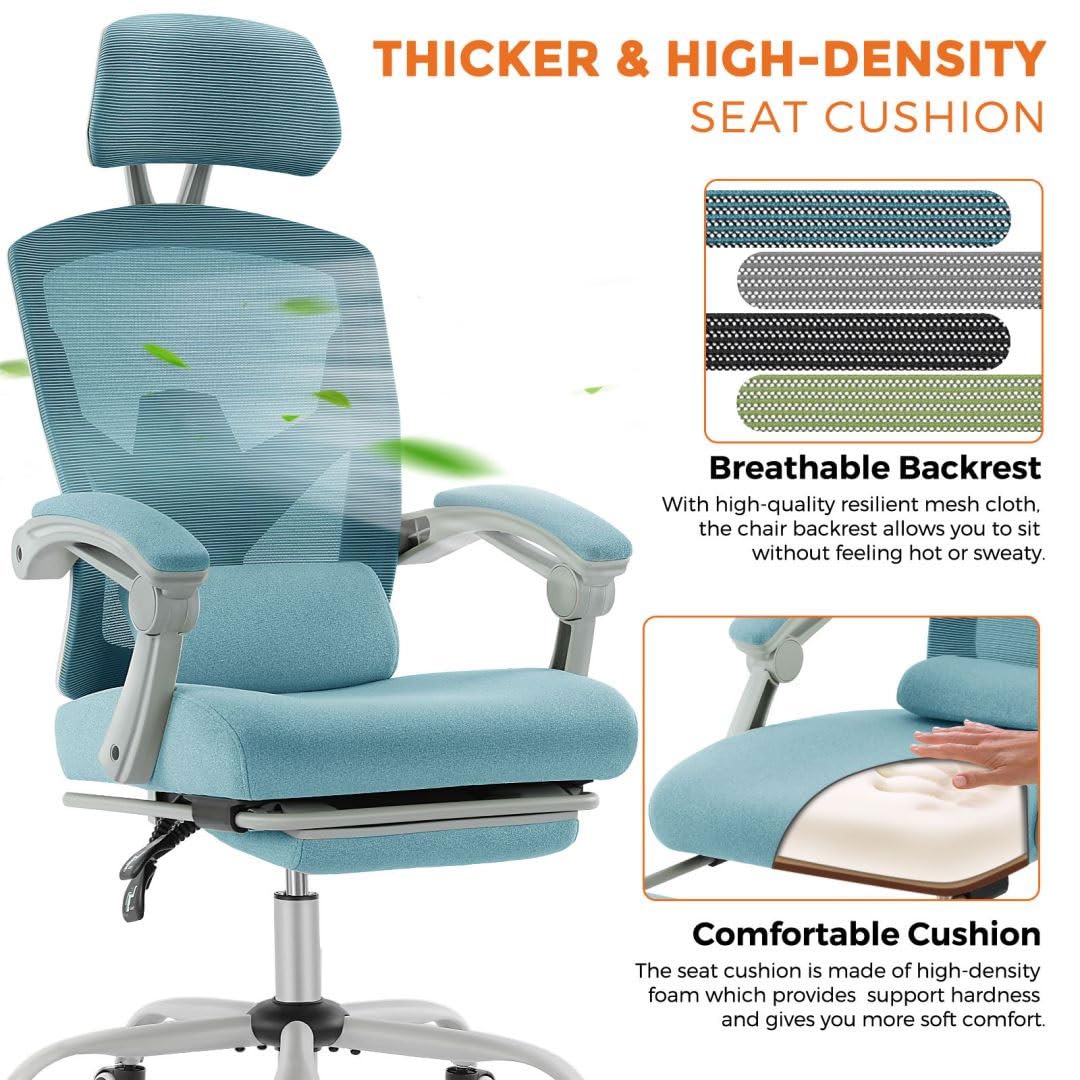 Ergonomic Office Computer Desk Chair with Lumbar Pillow and Retractable Footrest, High-Back Mesh Rolling Swivel Armchairs for Home, Gaming, Student, Blue