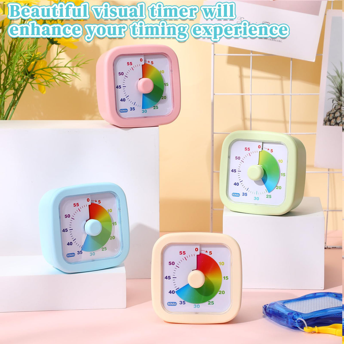 AmazingSpark 4 Pack Visual Timer 60 Minute Countdown Timer Colored Countdown Clock for Homeschool Supplies Study Tool, Classroom Home Office Time Management Tool(Gradient,Pink, Blue, Yellow, Green)