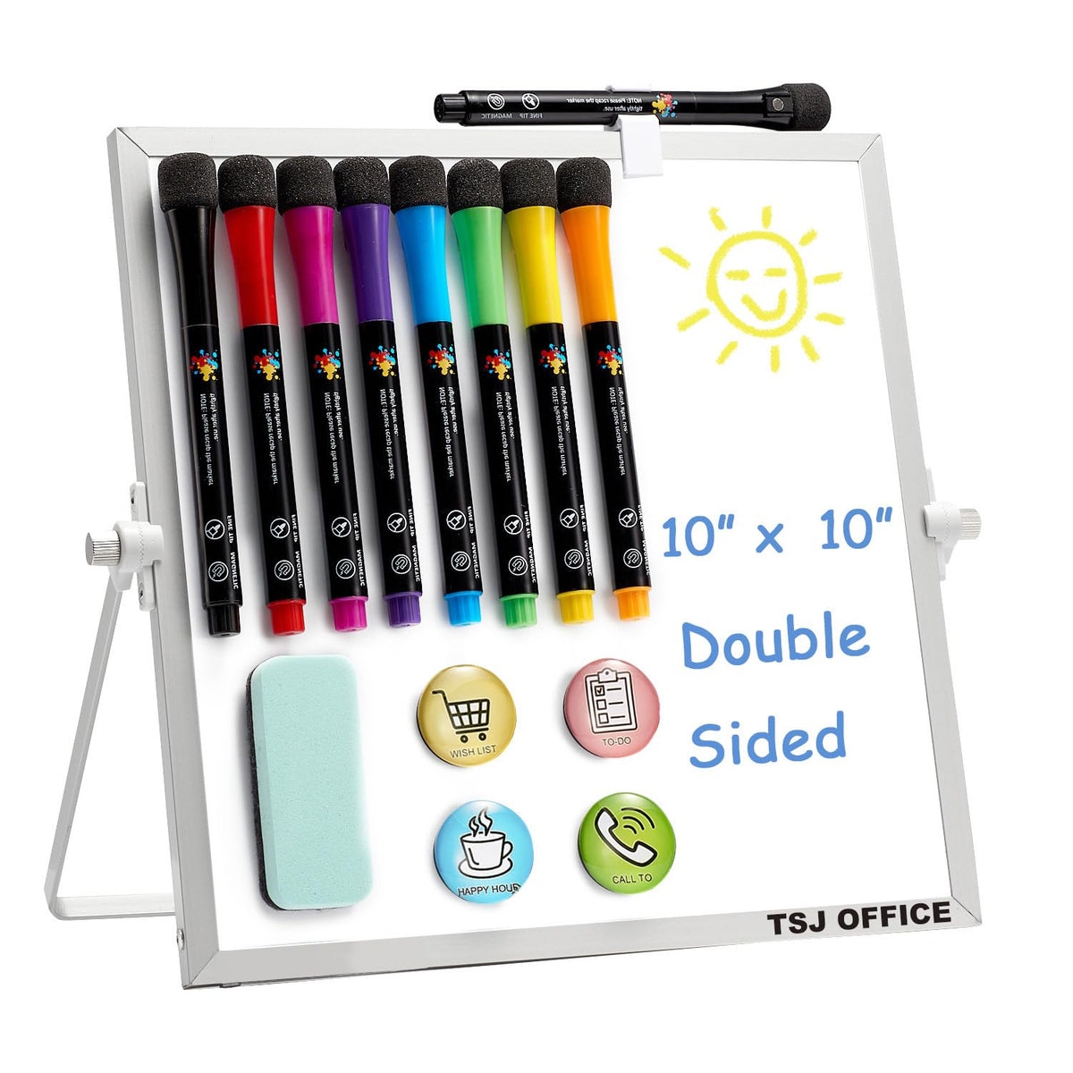 TSJ OFFICE Small White Board - 10 X 10 Inches Small Magnetic Dry Erase Board with Hooks for Wall, Desktop Whiteboard Stand 360 Degrees Revolving Double Sided for Office, Home, School, Silver