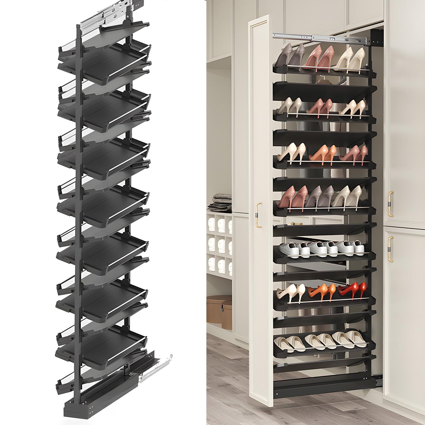 4-15 Tier Cabinet Pull Out Shoe Rack, Adjustable Vertical Shoe Organizer for Closet and Wardrobe Cabinet, Heavy Duty Slide Out Shoe Storage System, Under Stairs Storage, Fits Depth 17.7"-34.3"