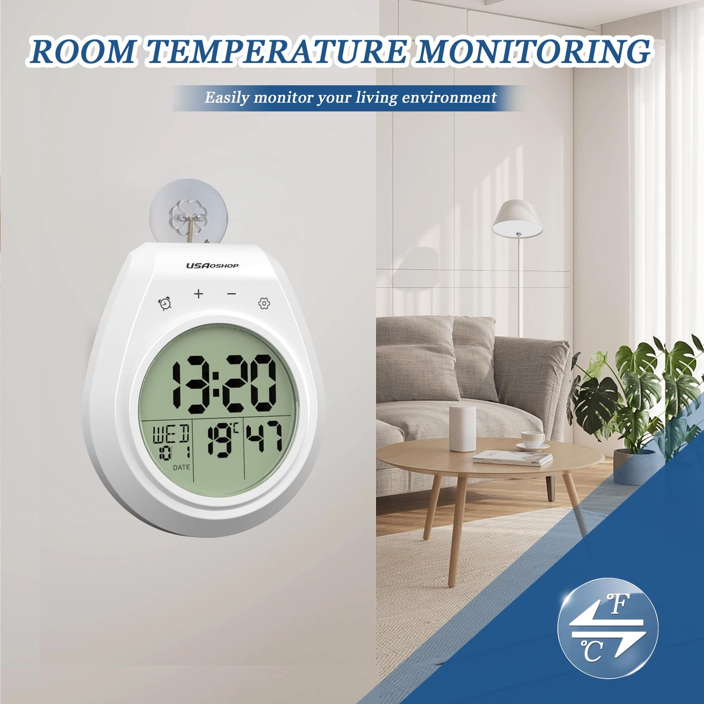 USAOSHOP Shower Clock Waterproof Bathroom Timer, Digital Wall Clock Kitchen Clock with Countdown, Touch Screen, Temperature, Calendar, Suction Cup Hanging Hole, for Spa Cook Bath