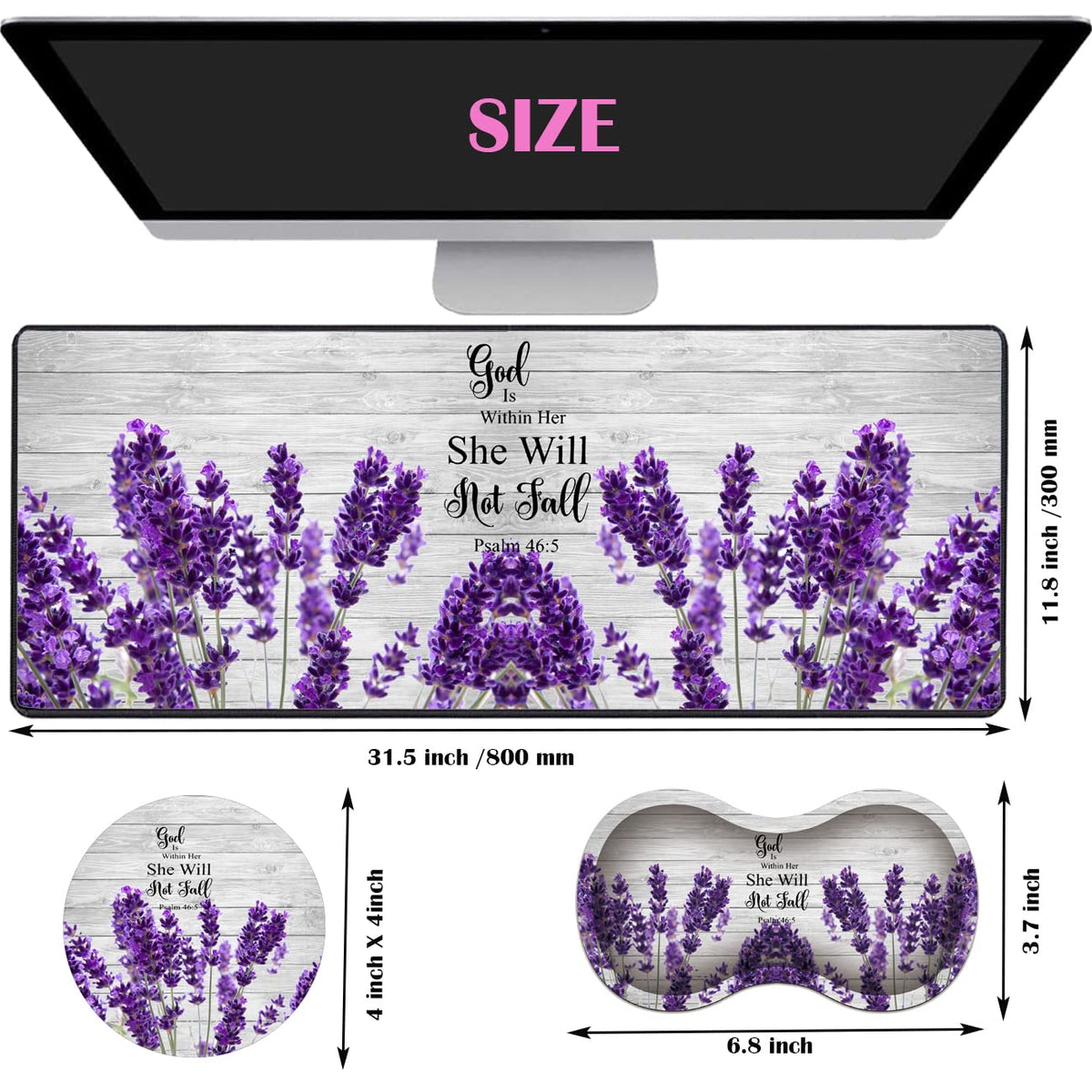 Large Gaming Mouse Pad 31.5x11.8 Inch Keyboard Pad + Ergonomic Wrist Rest Pad and Coaster with Non-Slip 3-Piece Desk Supplies Set, Bible Psalm 46:5 Lavender Design for Gamers/Office/Study