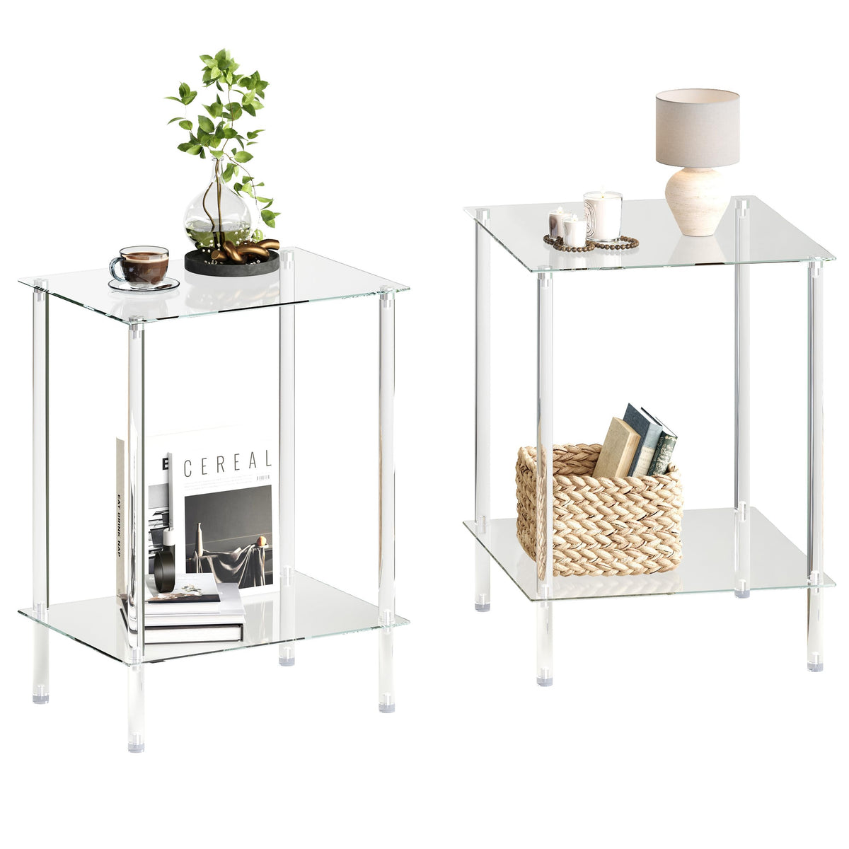 Tempered Glass Side Tables Set of 2 Acrylic End Table with 2 Storage Shelve transparent Bedside simplicity clear 2-Tier Nightstands small Spaces Office Bedroom Living Room Study Transparent ET-008TR
