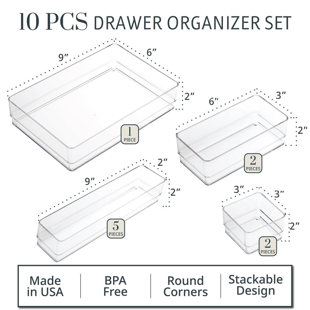STORi SimpleSort 10-Piece Stackable Clear Drawer Organizer Set | Multi-size Trays | Makeup Vanity Storage Bins and Office Desk Drawer Dividers | Made in USA