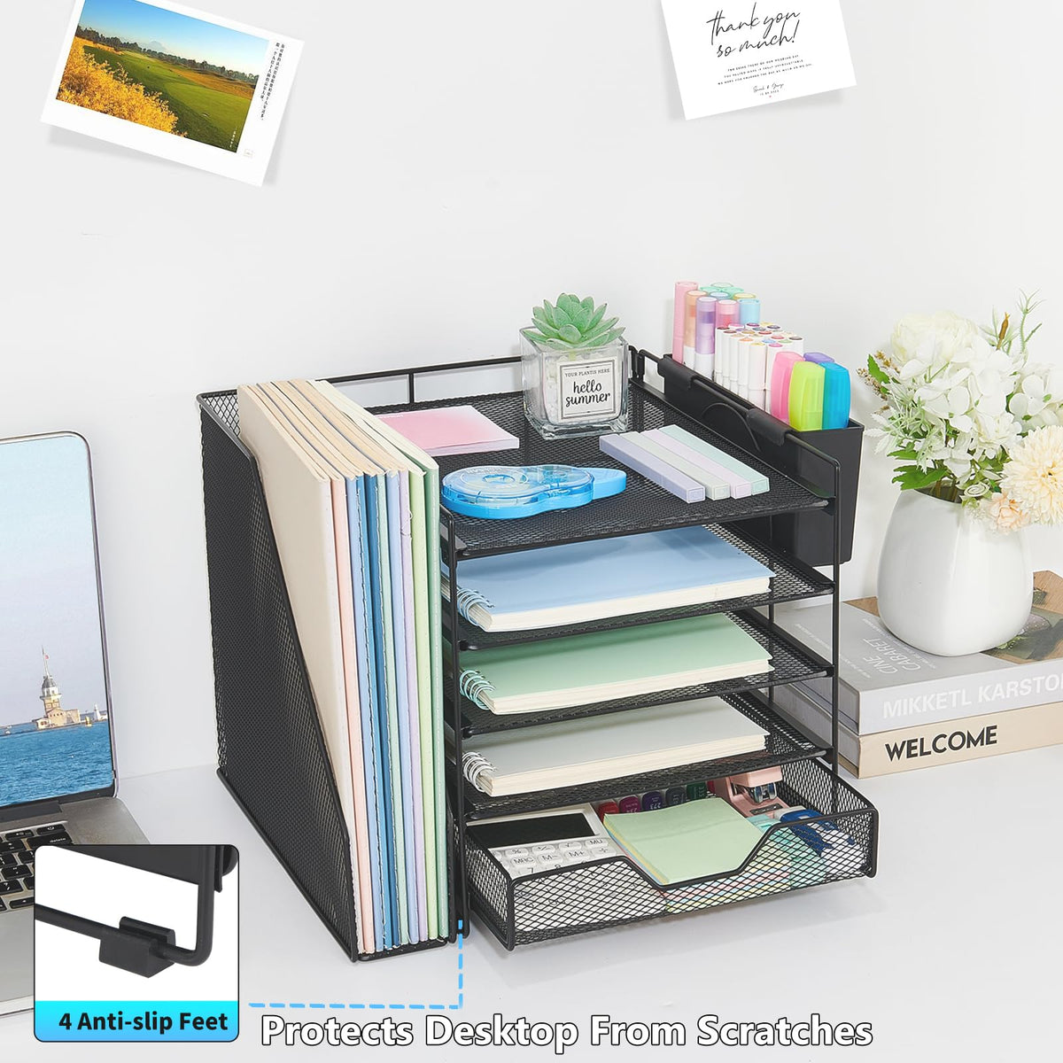 Gugsey Desk Organizer, 5-Tier Paper Letter Tray Organizer with File Holder, Drawer and Pen Holder, Desktop Organizer for Office Supplies, Black