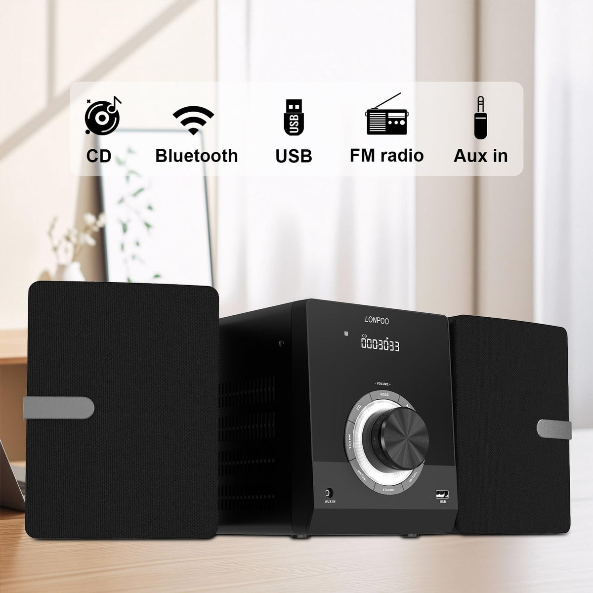Compact Stereo System Speakers with CD Player, Bluetooth, FM Radio, Aux-in, USB-in, Earphone Jack, DSP-Tech, Remote, 30W Crisp-Sound Shelf Stereo System for Home (LP-886)