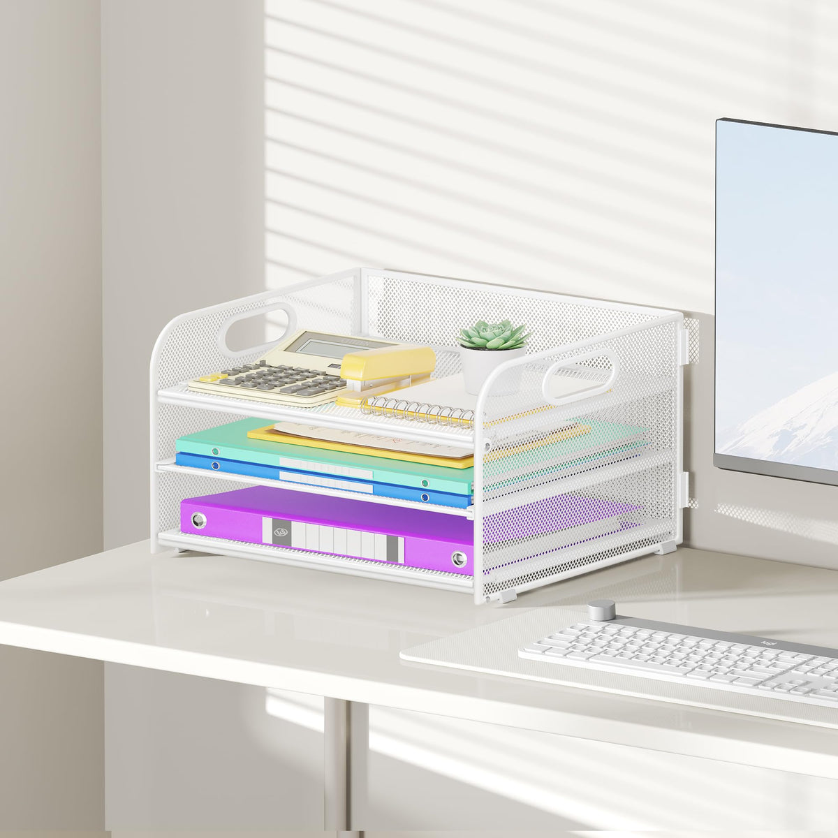 Cawukege 3 Tier Paper Organizer with Handle, Metal Desk Organizer Mesh Paper Letter Tray Desktop File Folder Document Sorter for Classroom, School, Office Accessories Storage (1, White)