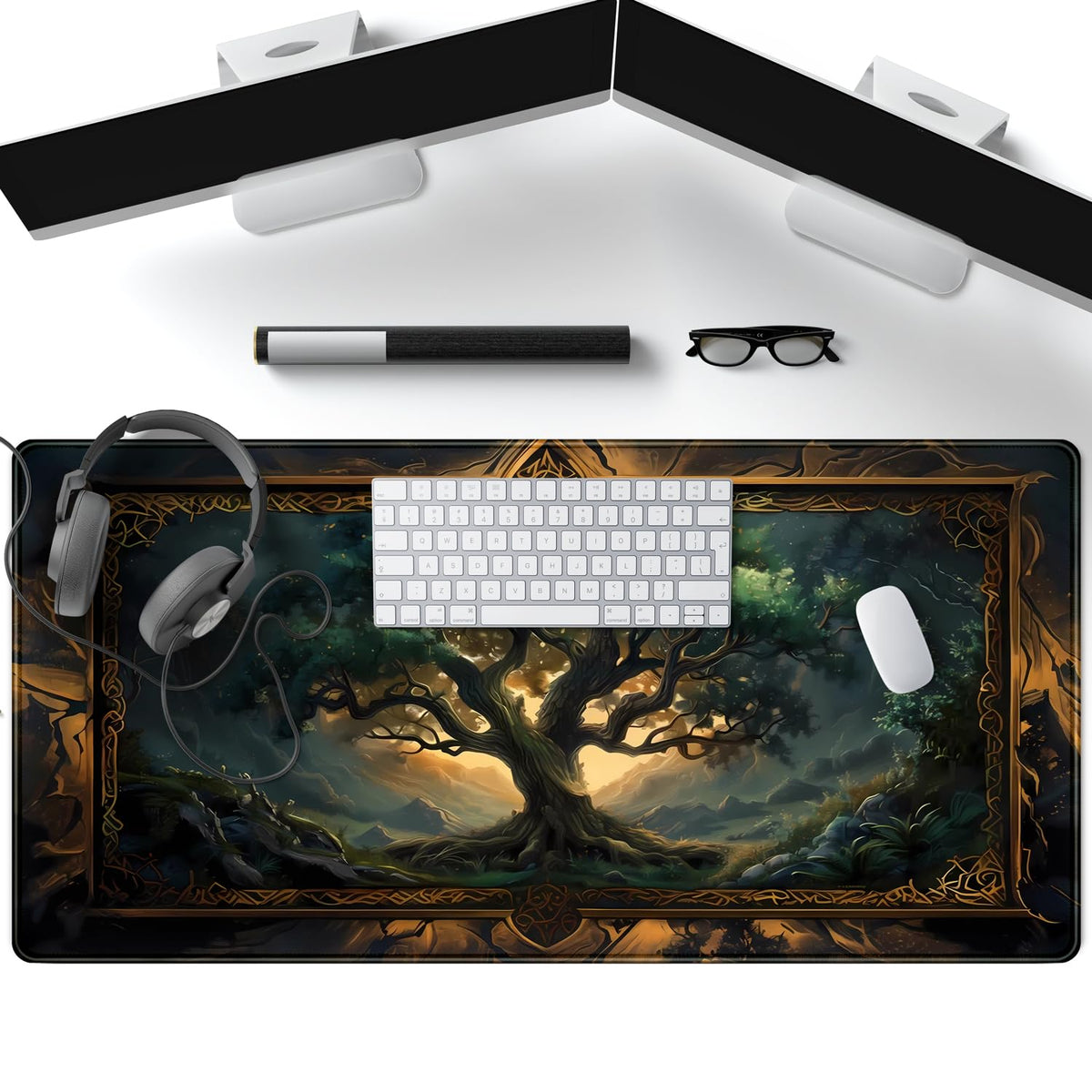 Mystical Green Tree Large Gaming Mouse Pad Forest Tree of Life Deskpad Mat XXL Extended Gaming Desk Large Mousepad Computer Laptop Keyboard and Mouse Mat, Office Desk Decor Pad 31.5x15.8 in