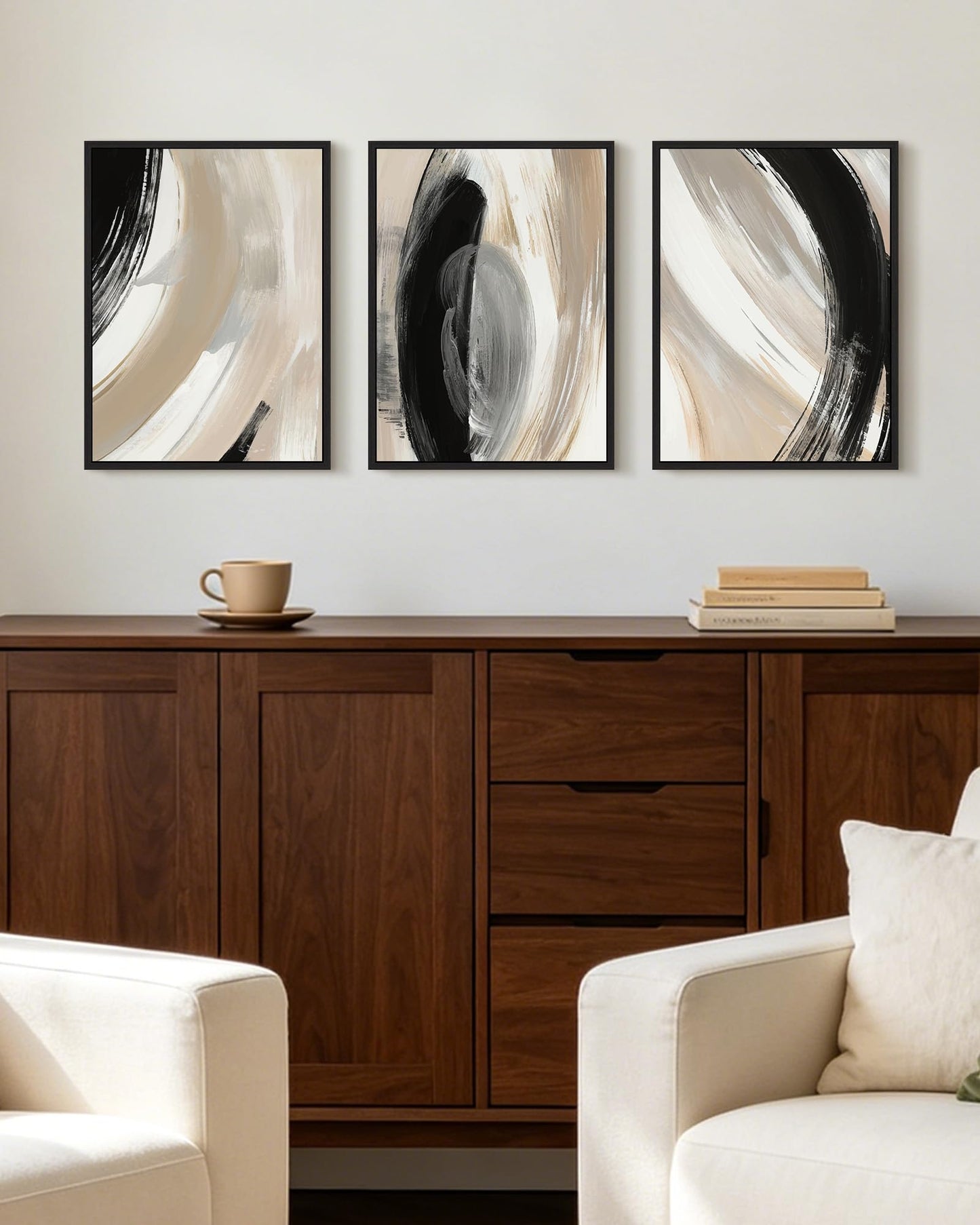 KUVIOKE Modern Abstract Framed Wall Art Black Neutral Minimalist Ink and Wash Graffiti Pastel Wall Decor for Bedroom Living Room 11x14in (Black Framed)