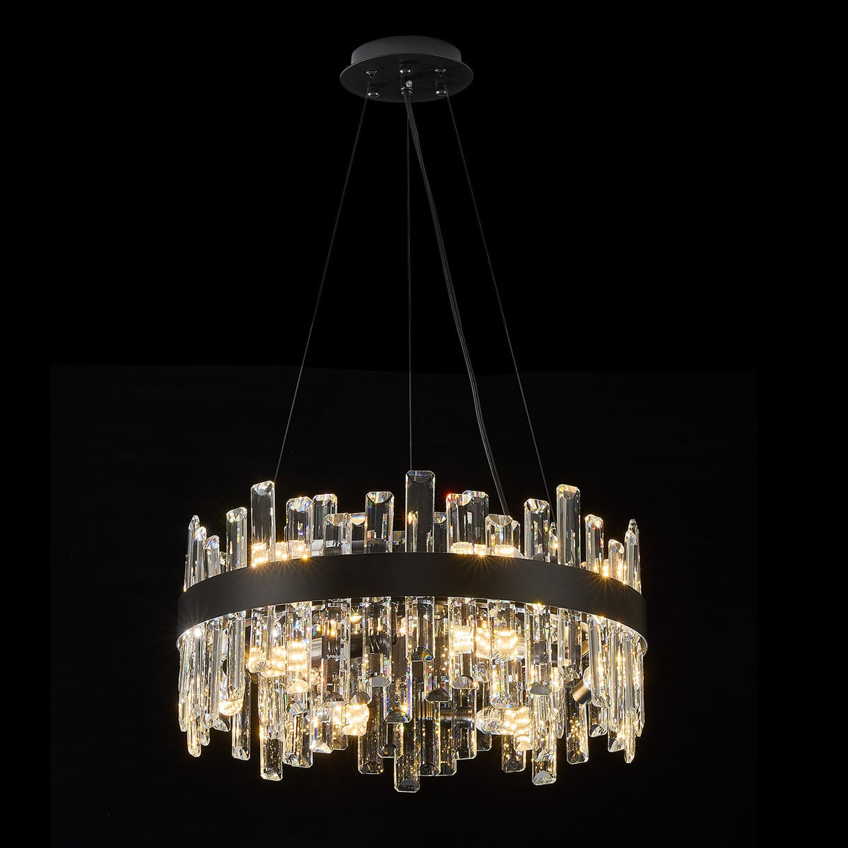 chandiry Round Crystal Chandeliers, D19.7 inch 12-Light Black Chandelier Lighting Fixture, Height Adjustable Pendant Ceiling Light for Living Room Dining Room Bedroom