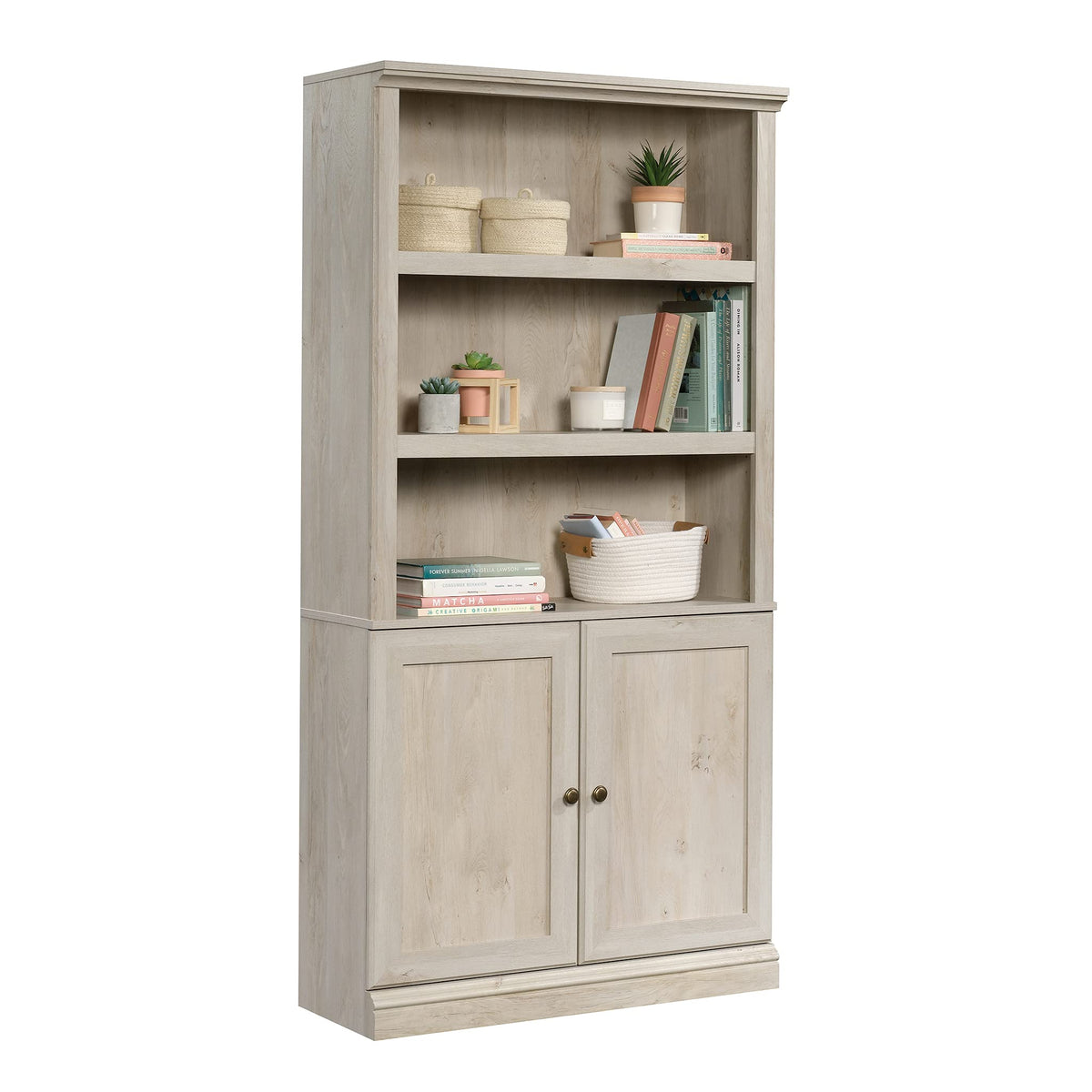 Sauder Miscellaneous Storage Bookcase with Doors, Adjustable Shelves, 5 Shelf Bookcase - Chalked Chestnut Finish