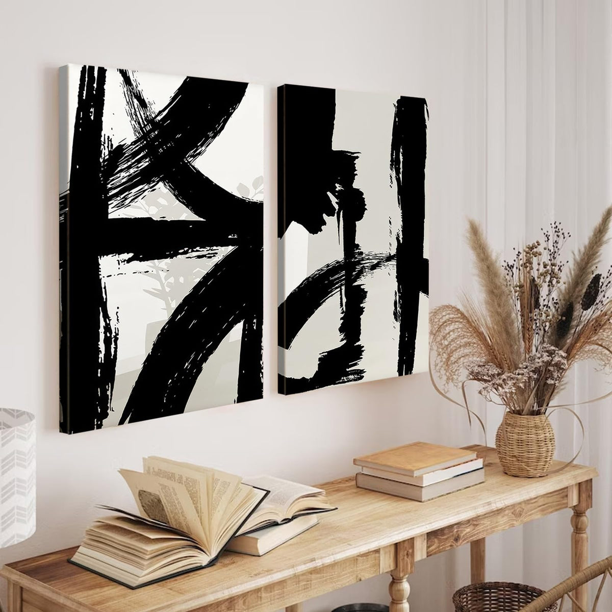 Black and White Brush Stroke Canvas Wall Art Modern Abstract Minimalist Ink Line Painting Picture Mid Century Geometric Prints Poster Retro Graffiti Artwork for Office Home Decor 12x16in