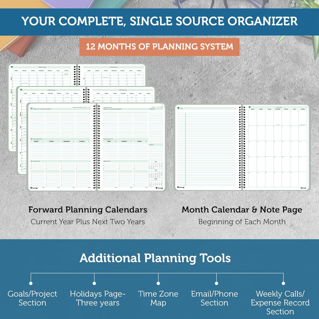Planner Pad Spiral Bound July 2026 - June 2027 / Academic Year 6 3/4" x 8 1/2" Medium 3-Tier Funnel Down 12 Month Organizer, Greenish Grey Cover/Soft Green Ink