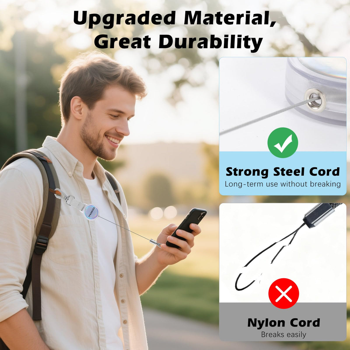 MoKo Anti-theft Phone Tether, Universal Phone Lanyard Retractable Steel Line Cellphone Strap with Locking Carabiner and Metal 360° Tether Tab for Outdoor Hiking Climbing Fishing, Transparent & Silver