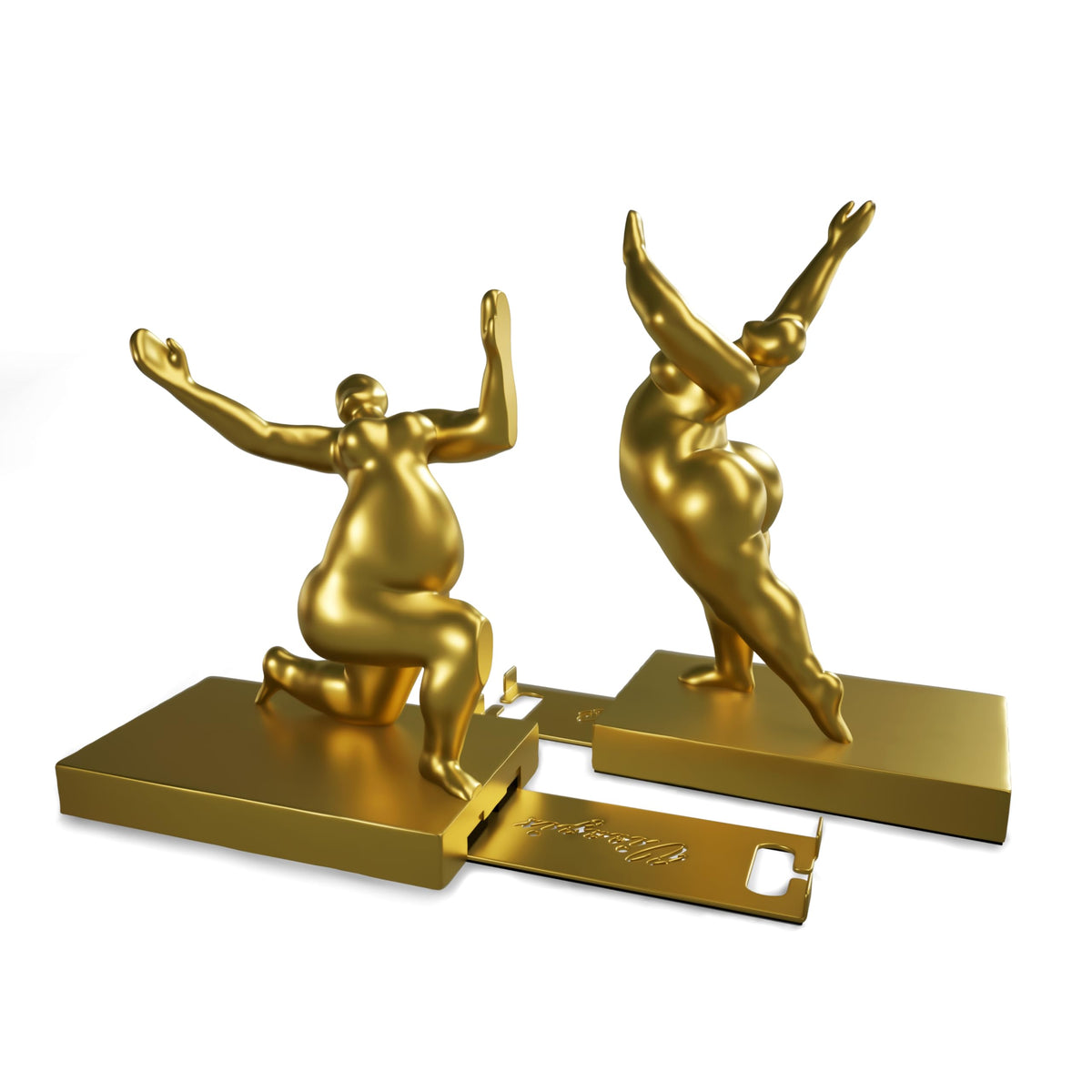 Decorative Bookends Set of 2 – Modern Sculptural Art Book Ends with Adjustable Magnetic Phone & Tablet Holder – Premium Resin with Metal Plate – Contemporary Home & Office Decor – Metallic Gold