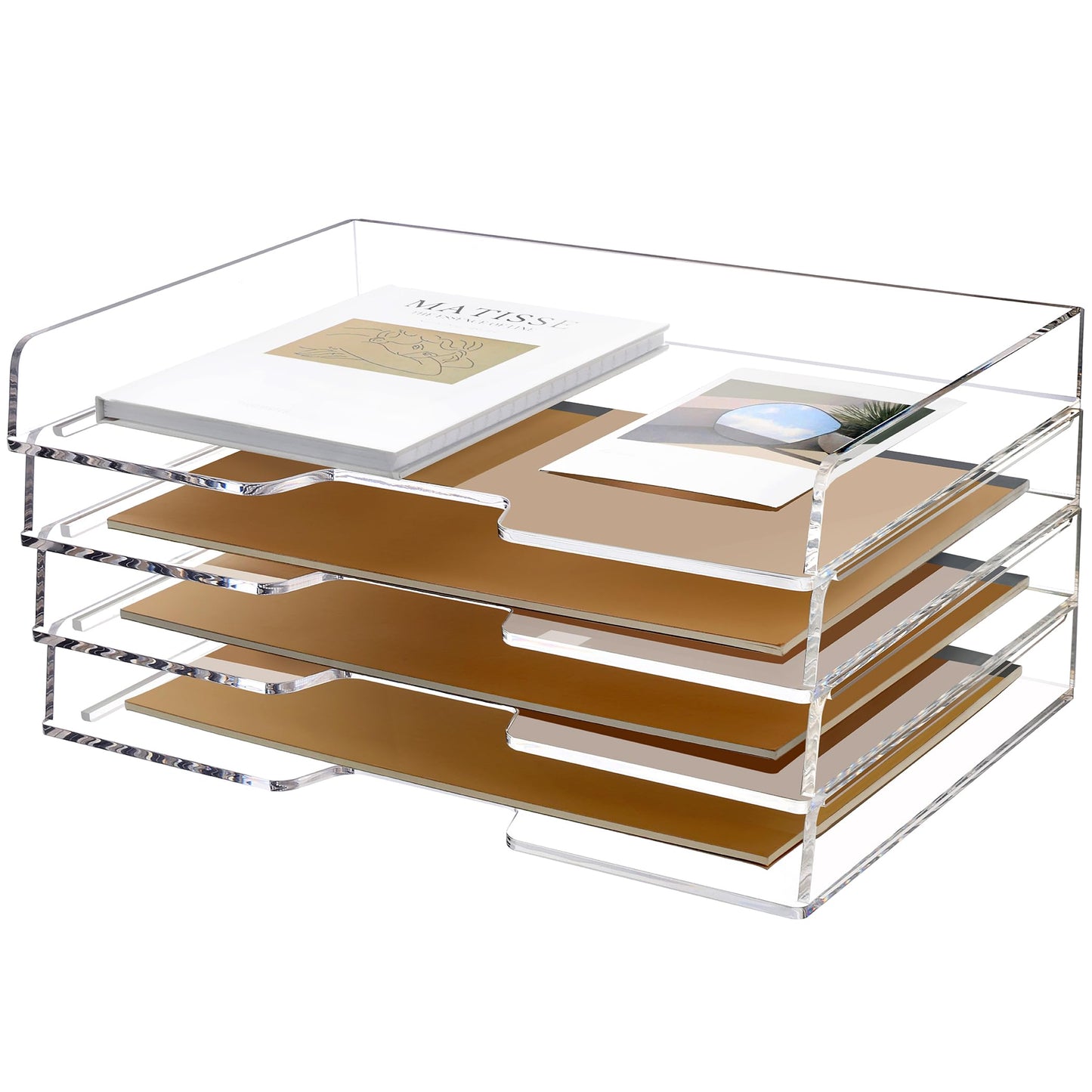 SANRUI 4 Tier Acrylic Paper Letter Tray Desk Stackable Organizer Trays，Clear Enlarged A4 Stackable File Document Tray， Workspace Office Supplies Organizers and Accessories Sorter，13.82inx9.29inx6.7in