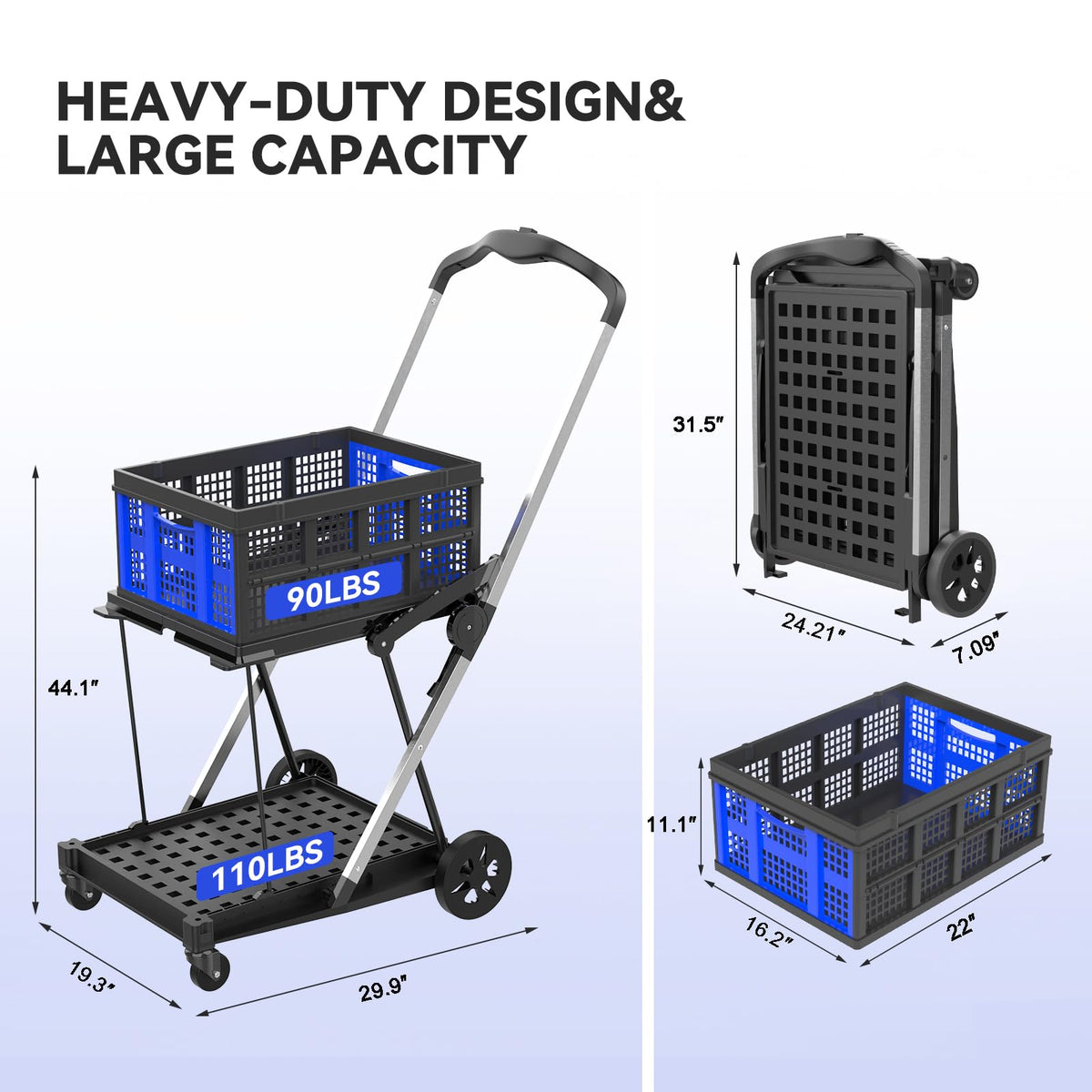 Collapsible Shopping Cart with Wheels,2 Tier Multi Use Foldable Shopping Cart with 2 Storage Crates,Folding Shopping Trolley Utility Cart for Office,Groceries, Warehouse,Supermarket,Picnic (Blue)