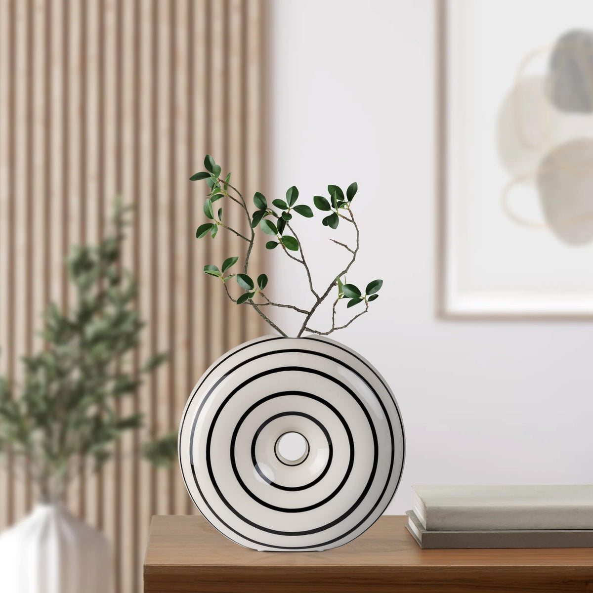 Konstéra Ceramic Large Donut Vase Hand-Painted Glossy Finish, Unique Modern Home Accent, Flower Holder, Stylish Decor for Living Room, Coffee Table, Mid-Century Modern