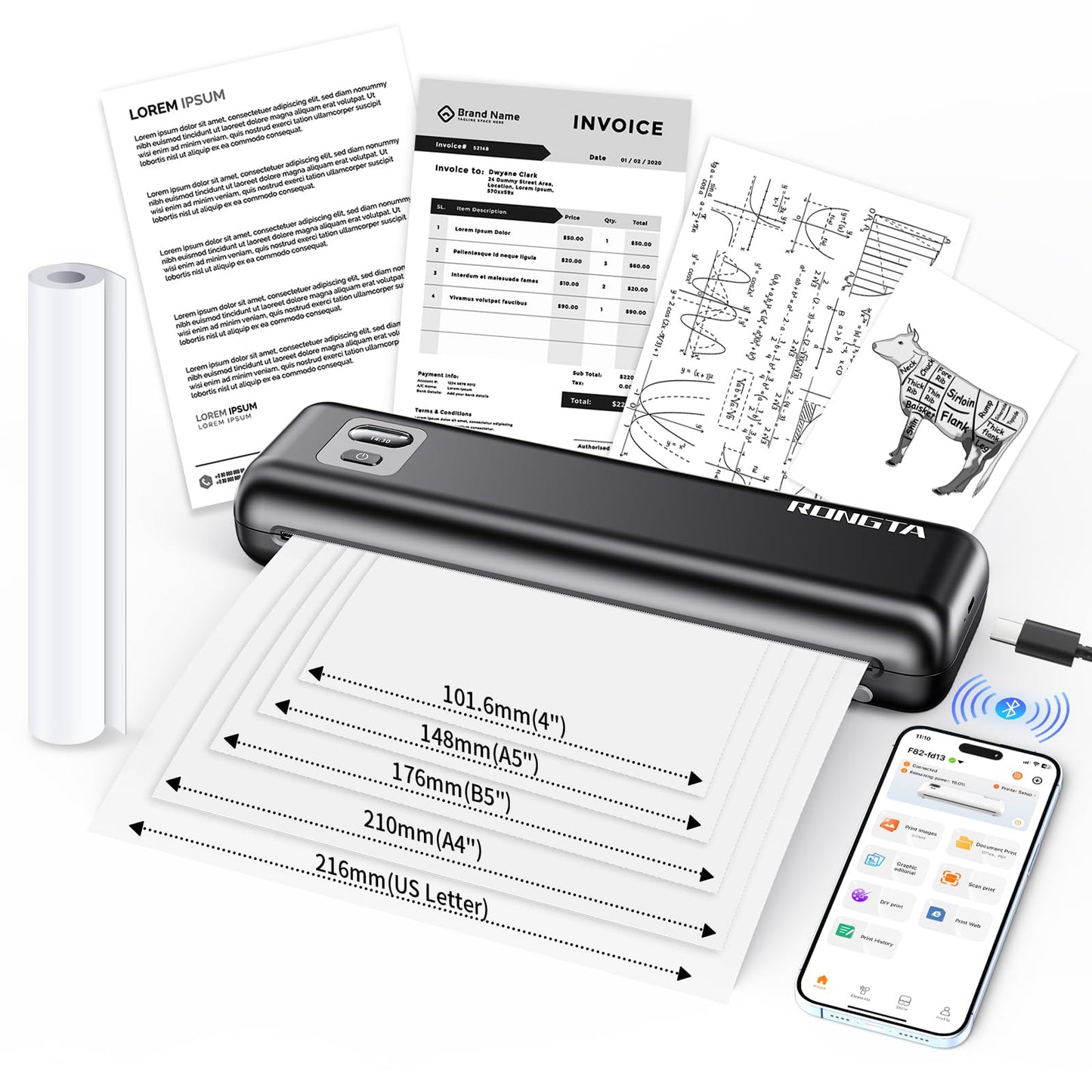 Rongta Portable Printer Wireless for Travel, Thermal Inkless Printers for 8.5"*11" US Letter, Compatible with Android iOS Smartphone, Mac Windows Laptop (Black, 1 Printer + 1 Roll Thermal Paper)