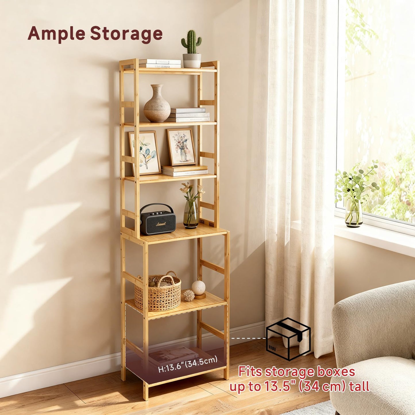 EIUTQRU Bamboo Living Room Bookcases, 6 Tier Standing Ladder Shelf Bookshelf, Multifunctional Narrow Shelving Unit Storage Rack for Garage, kitchen, Office, Bookroom, Corner, 42 x 30 x 160 cm