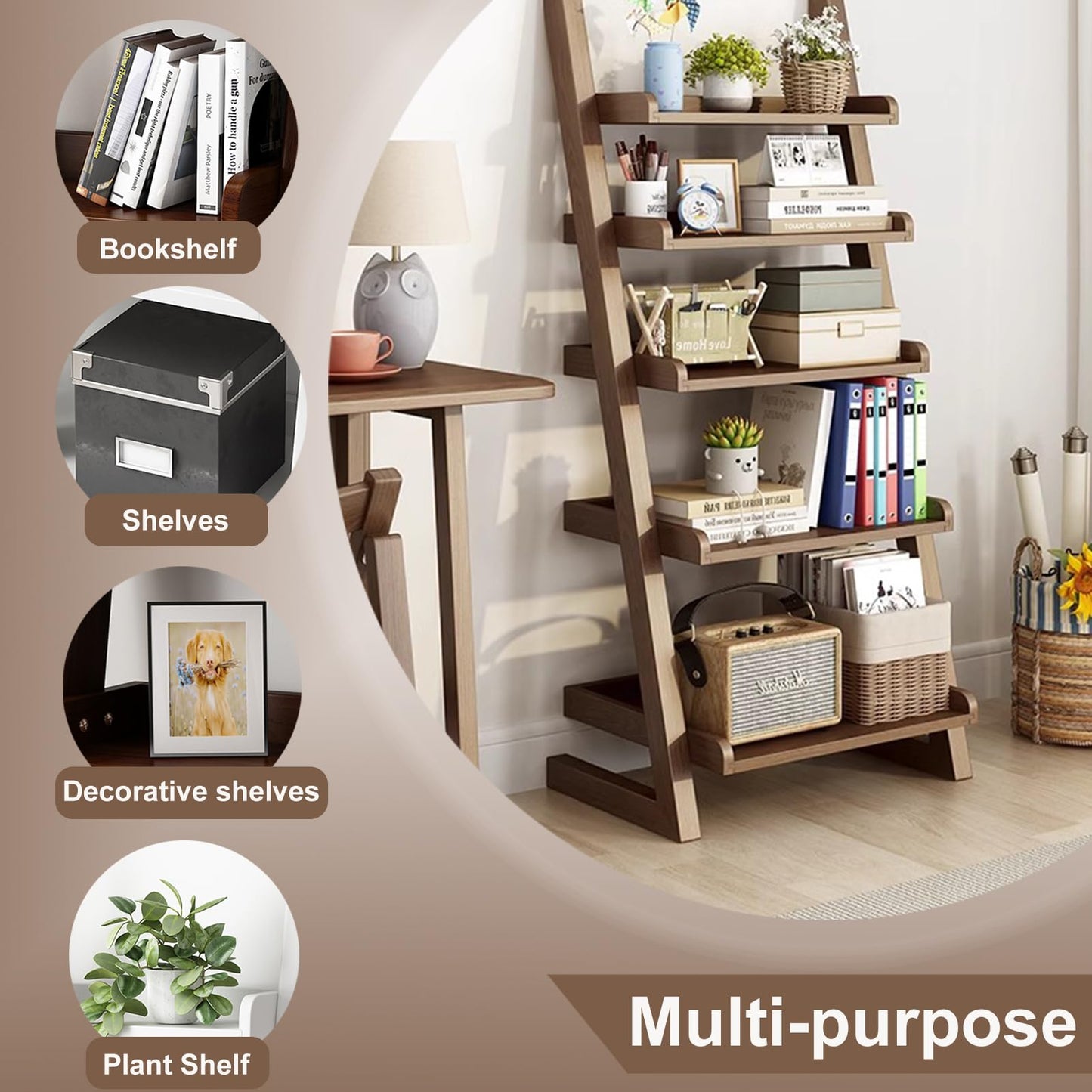 BFECGDXT Ladder Shelf Bookcase, 5 Tier Walnut Wooden Ladder Bookshelf, Space-Saving Freestanding Storage Rack for Living Room, Home Office and Bedroom, 55.1" H