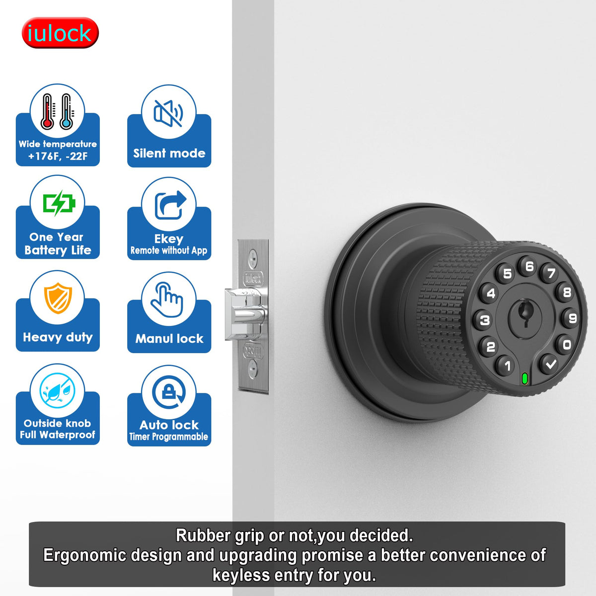 iulock Keypad & Key Smart Door Lock, 50 User Codes, Waterproof, Auto Lock - Matte Black