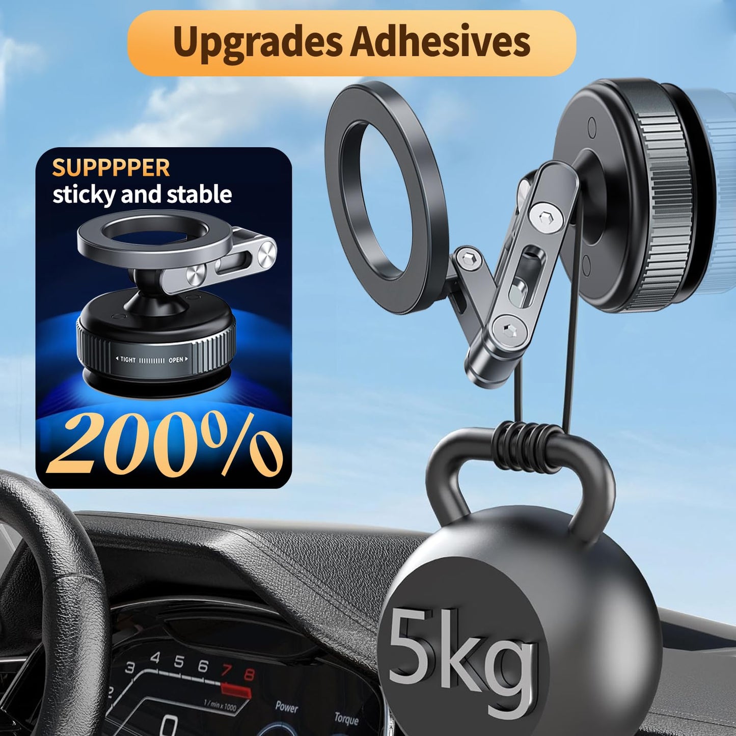 for MagSafe Car Mount – Vacuum Lock Magnetic Phone Holder with Strong Suction Cup, Adjustable Extendable Phone Stand, 360° Rotatable Dashboard & Windshield Mount for iPhone 16 15 14 13 12 Pro Max