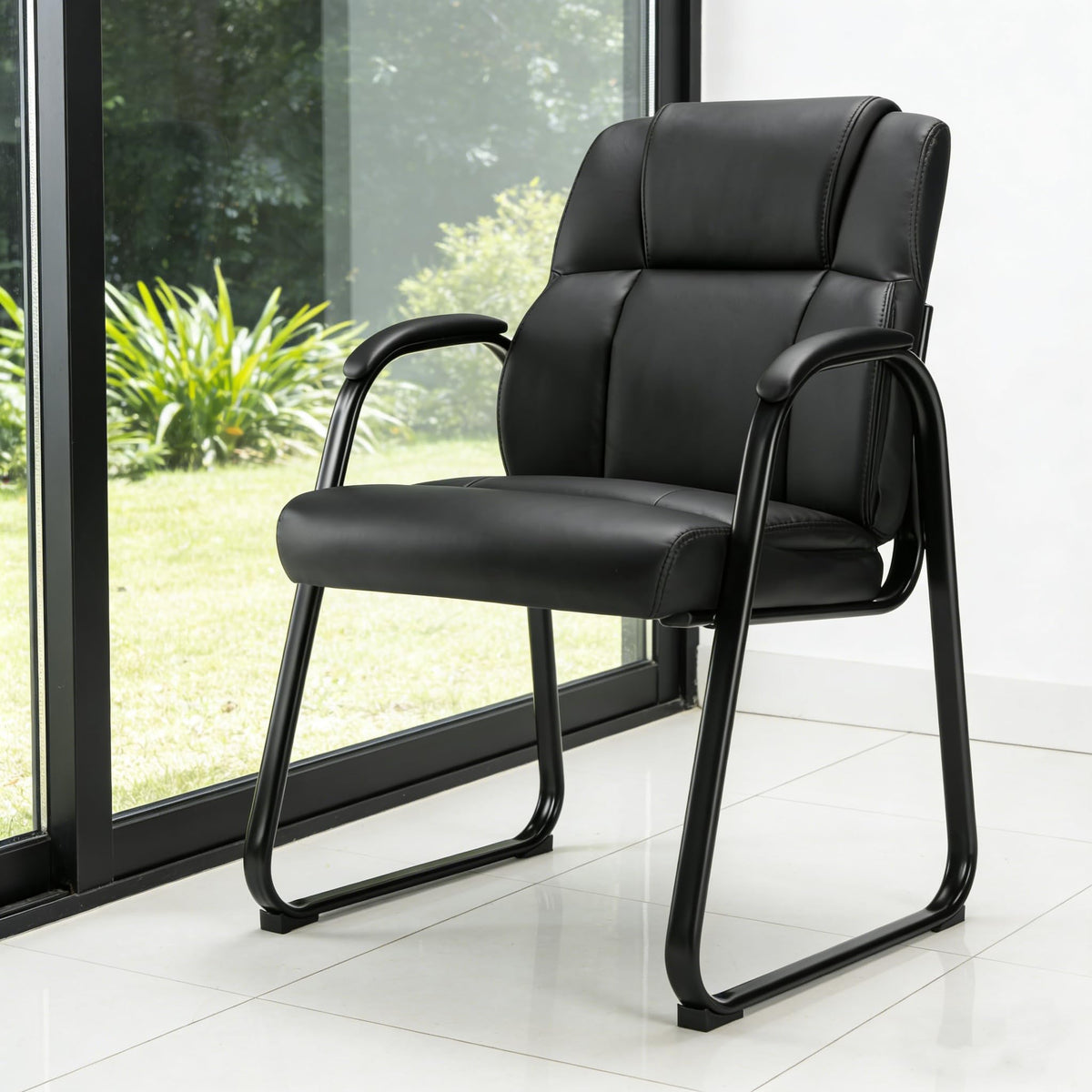 Simple Deluxe Leather Guest Chairs with Padded Arms & Sled Base - Set of 1 Stationary No Wheel Waiting Room Chair for Conference Reception Rooms, Lobby, Home Office Computer Desk, Bedroom, Black