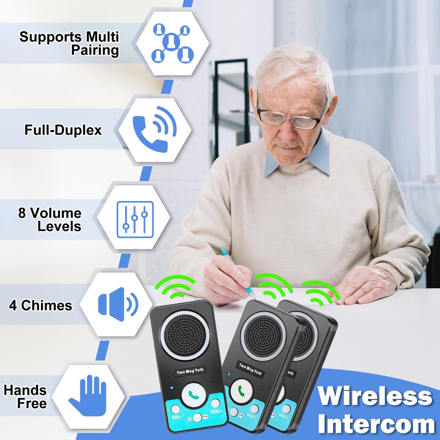 UHAXZ Intercoms Wireless for Home, Full Duplex 2 Way Intercom System, 1500ft Long Range Intercom with 8 Volume Levels, Rechargeable Battery & 4 Chime for Home Office & Business (3 Pack)