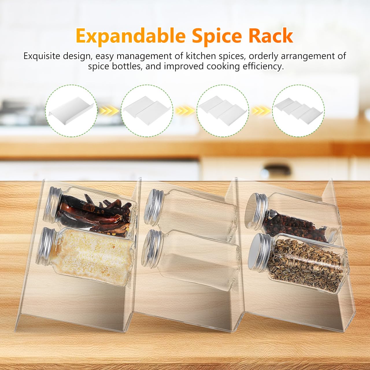 Cabilock 4 Pack Expandable Spice Drawer Organizer, Clear Acrylic Seasoning Rack for Kitchen Cabinet, 4-tier Tiered Tray Insert, Adjustable Wide Storage for Jars, Condiments & Nail Polish