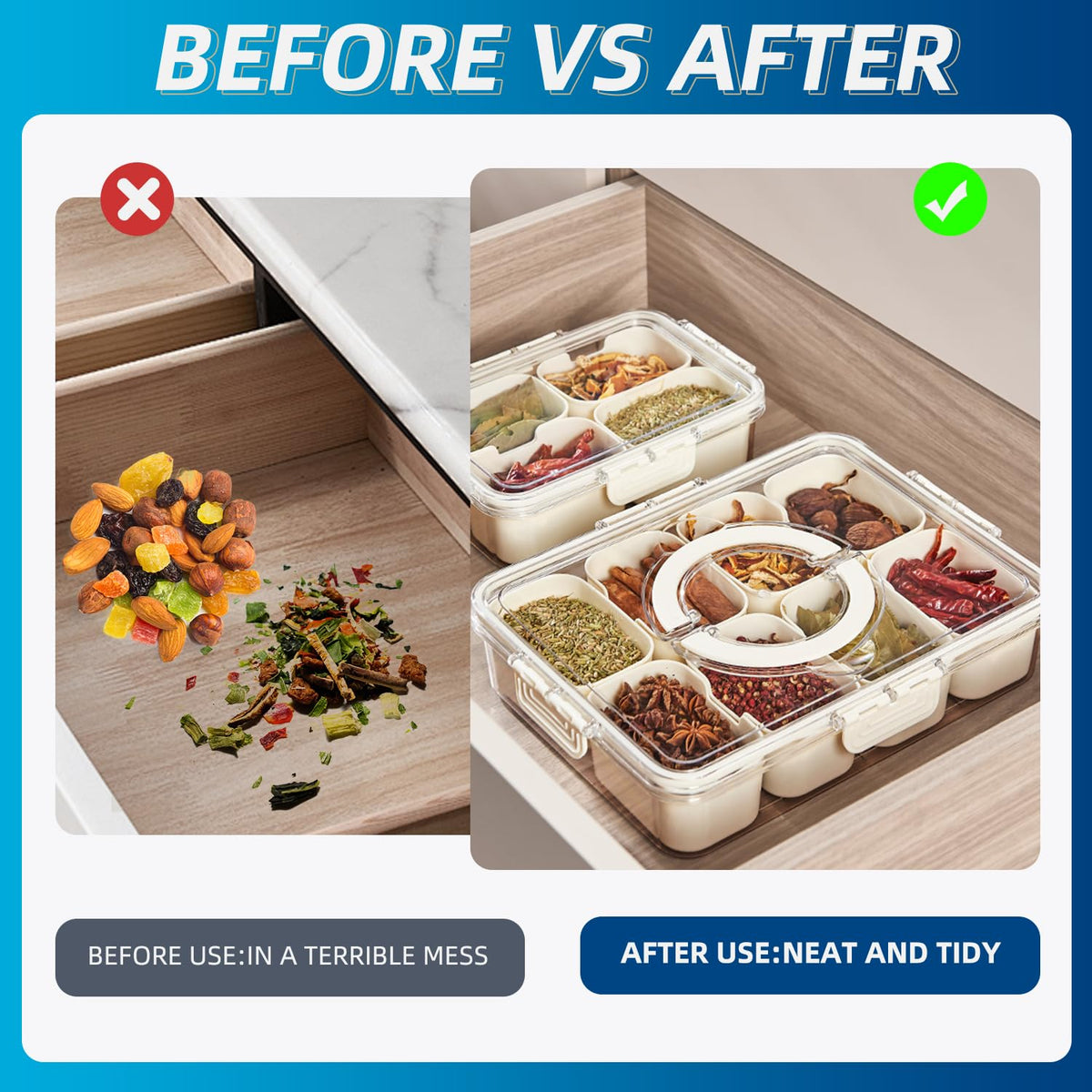 Pure Future Air-Tight Snackle Box Container –Divided Serving Tray with Lid & Handle–Clear Snack box for Fruits, Candy & Nuts–Portable for Travel & Daily Use (8 Inside Containers Dishwasher Safe)