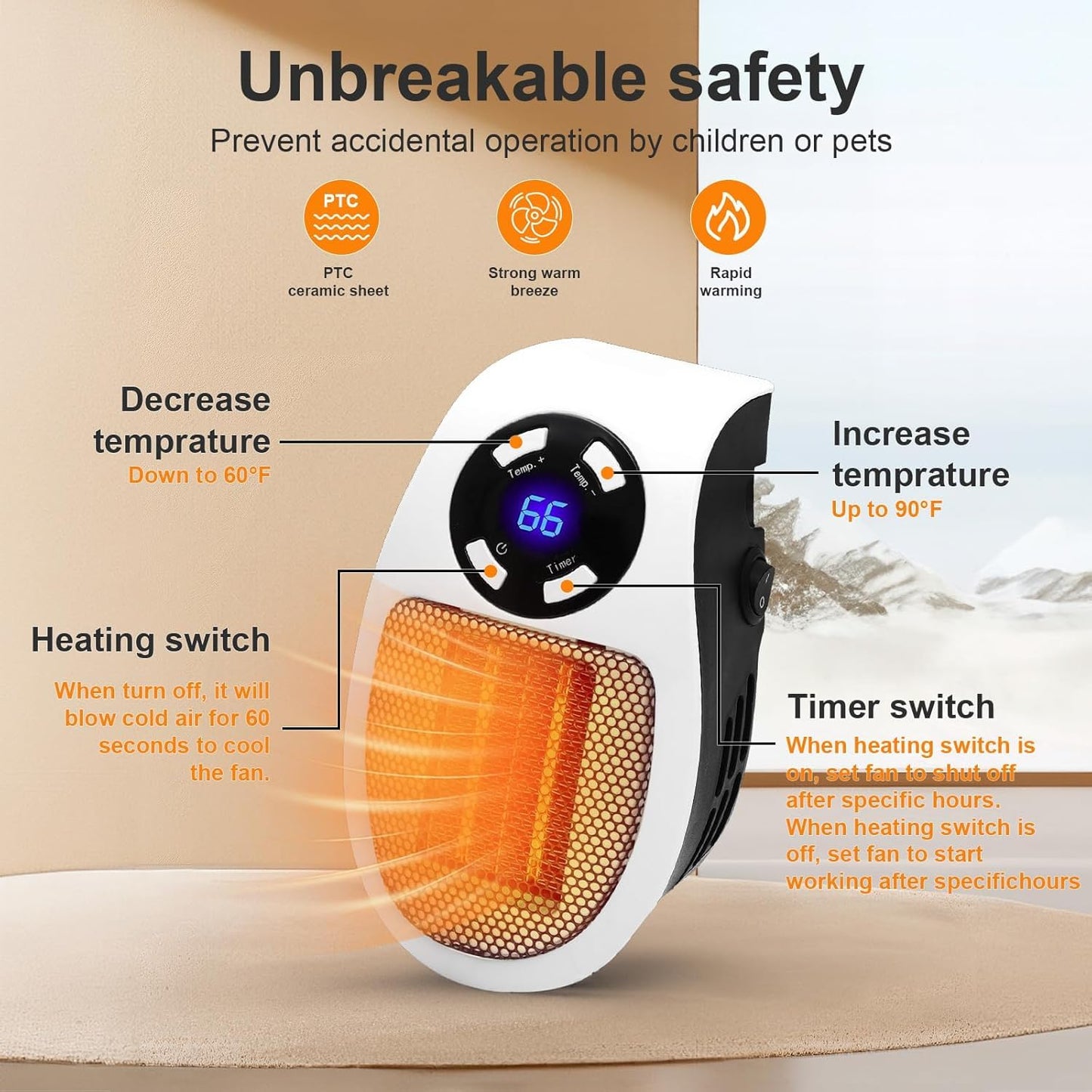 Upgrade Smart Plug in Wall Space Heater,450W Programmable Portable Electric Small Safe Heater,Adjustable Thermostat Timer,Overheat Protection,LED Display (White-Smart)