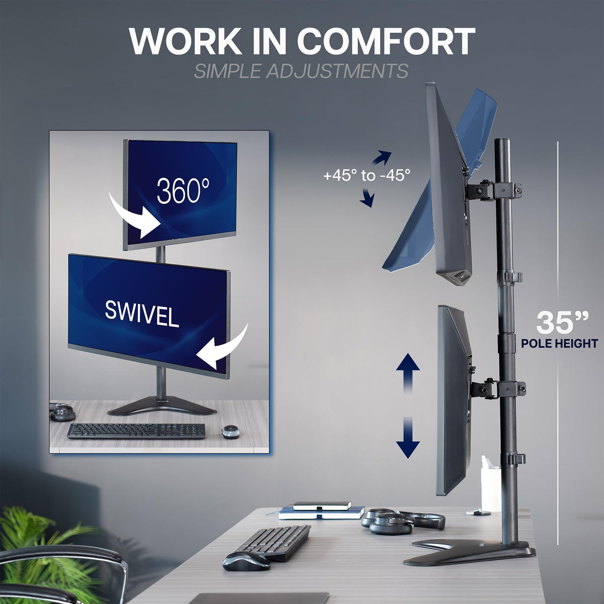 VIVO Dual Monitor Desk Stand Free-Standing LCD Mount, Holds in Stacked Vertical Position 2 Ultrawide Screens up to 34 inches, Black, STAND-V002L