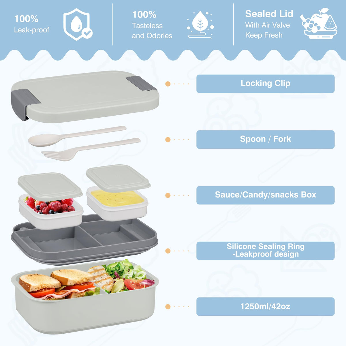 Bento Lunch Box Set with 10.5oz Soup Thermo Food Jar for Adults Kids, Stainless Steel Leak-proof Lunch Container with 4 Compartment, Coffee Tumbler with Lunch Bag for School Travel Office-Grey