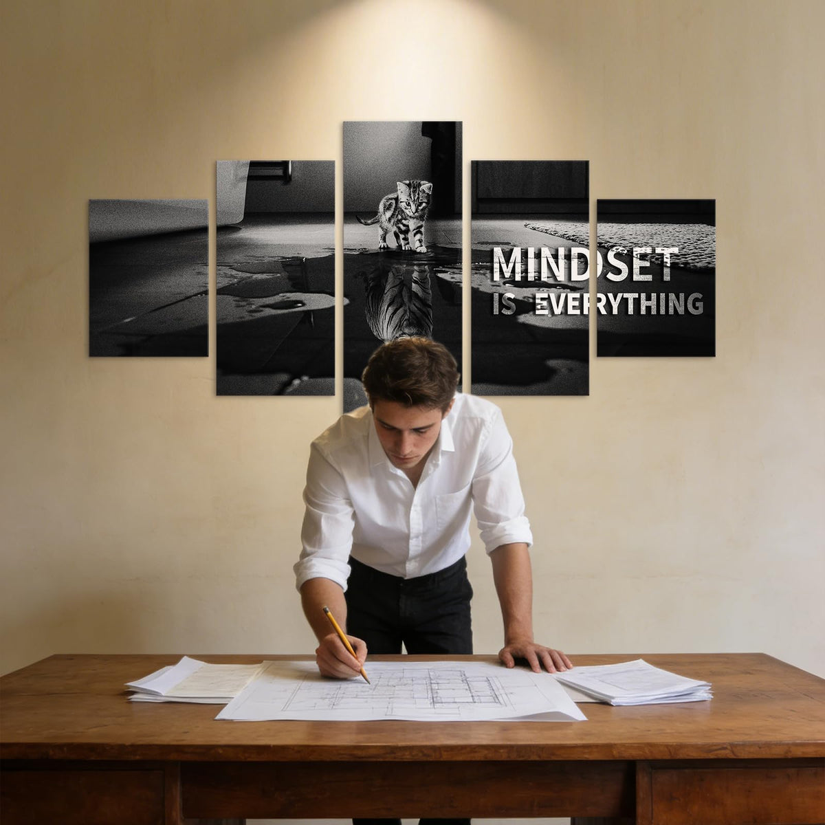 Mindset is Everything 5 Pieces Motivational Tiger Wall Art with Wooden Frame, Inspirational Quotes Poster for Office & Home Decor, Modern Motivational Wall Decor, Positive Office Art (50''W x 24''H)