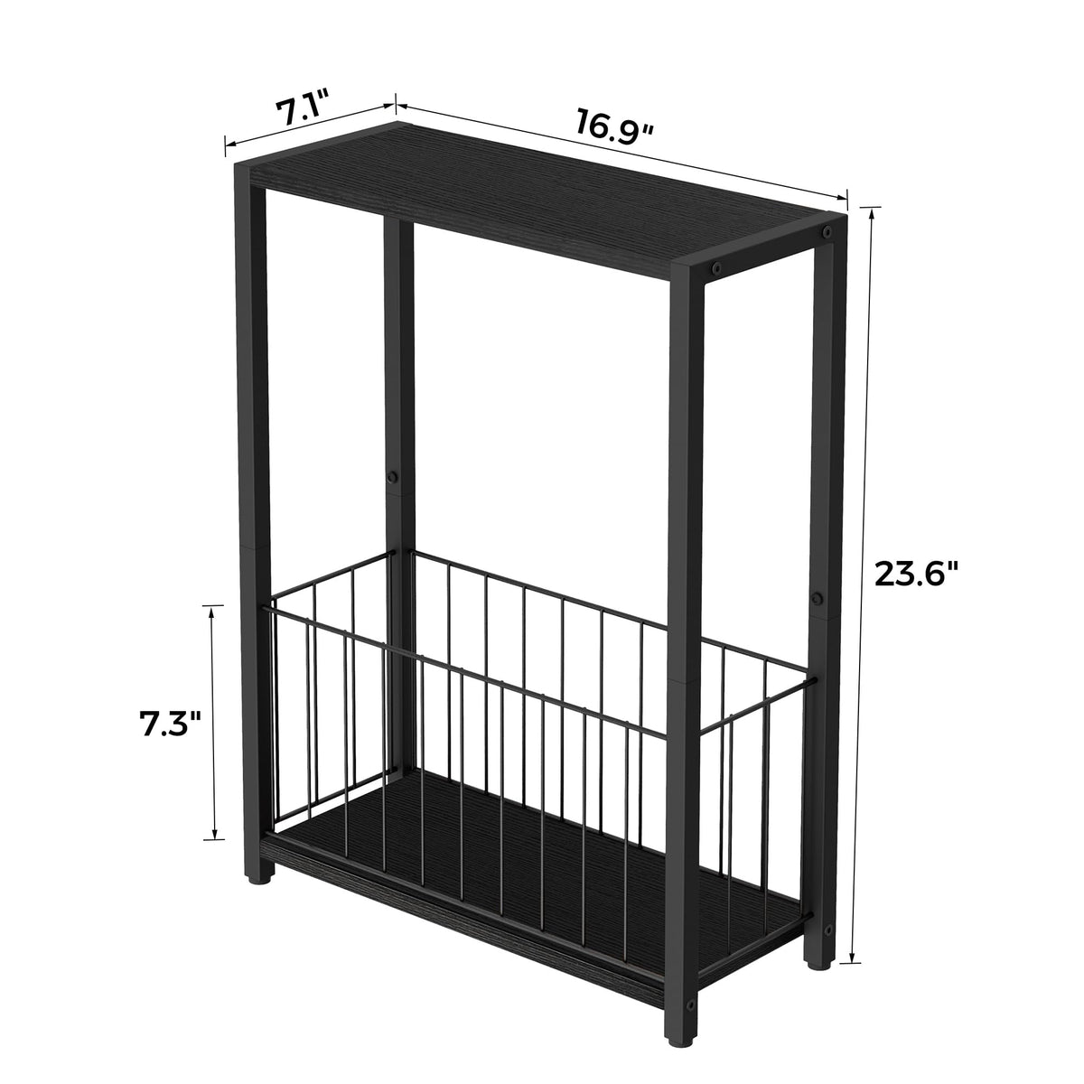 Homleke Narrow Side Table with Magazine Holder, Skinny End Table Perfect for Small Spaces, Space-Saving Design for Living Room, Bedroom, or Office, 7.1" D x 16.9" W x 23.6" H, Black