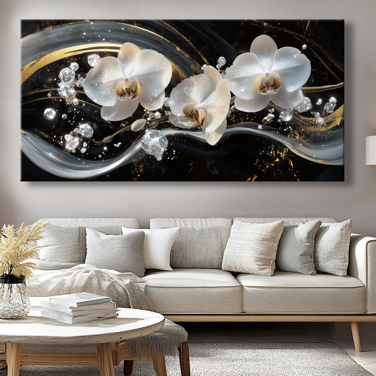 White Orchid Canvas Wall Art - Modern Floral Picture for Living Room, Bedroom Wall Decor, Framed Wall Art for Home Decoration, Elegant Flower Paintings Ready to Hang, Large Wall Art 50x100cm(20x40in)