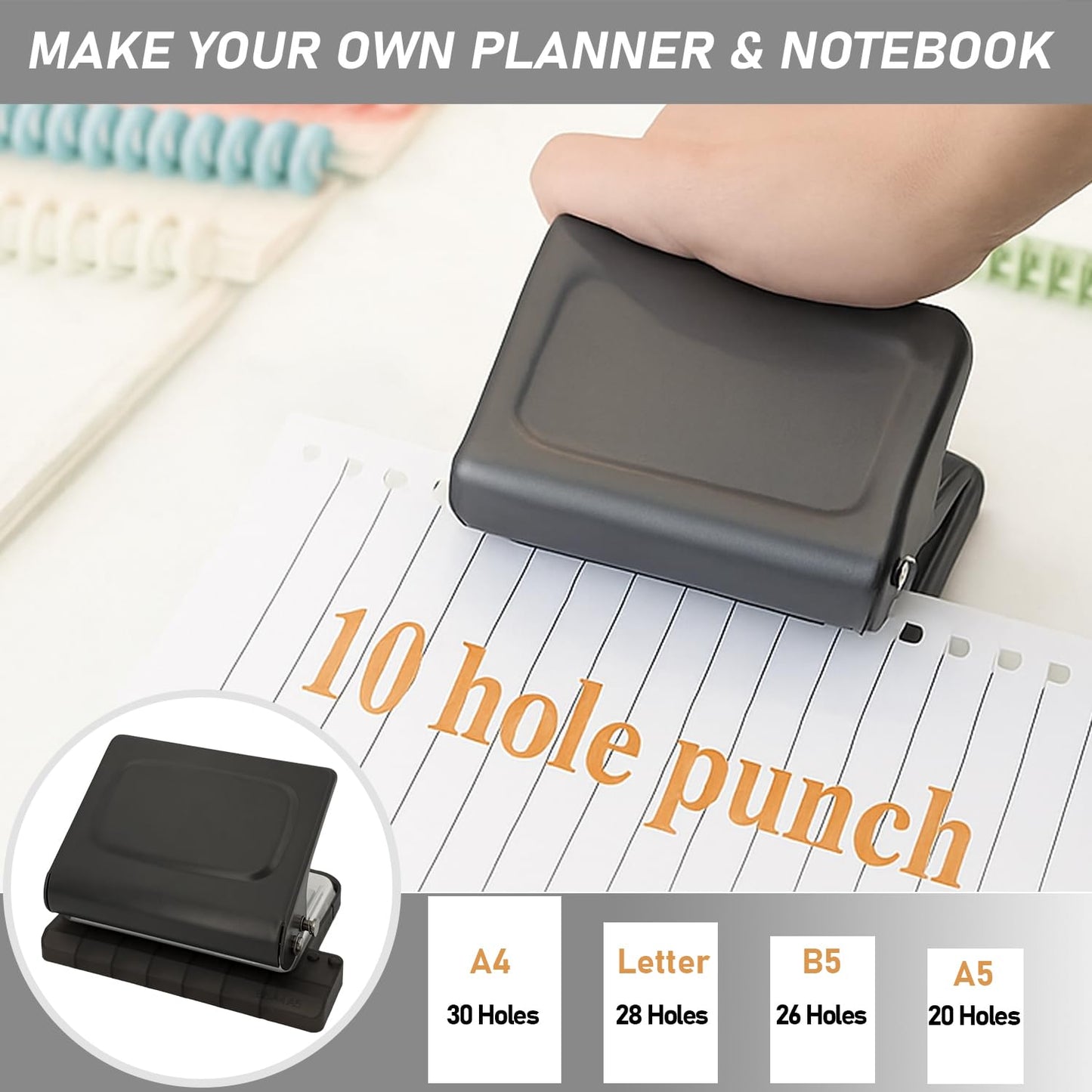 Aucscott 10 Hole Punch Binding Machine Kit for Planner (Black) with 10 Multi-Color Spiral Coils, Adjustable A4 A5 B5 Paper Puncher, DIY Notebook Scrapbook Maker for Home Office School Organization