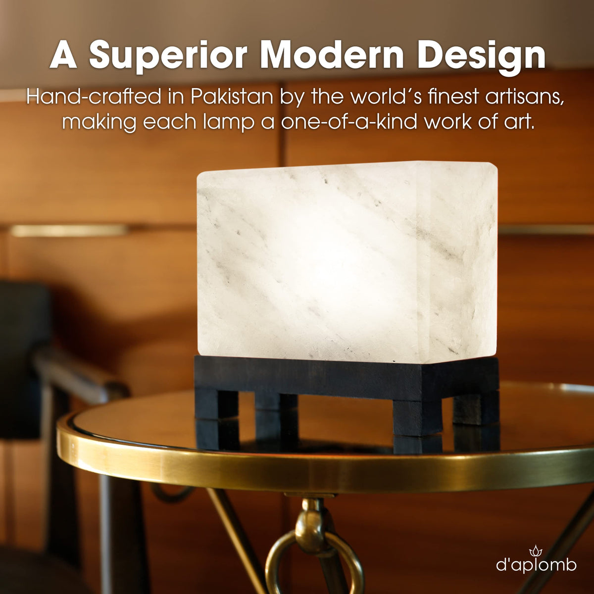 d'aplomb 100% Authentic Natural Himalayan Salt Lamp;Hand-Carved Modern Rectangle Rare White Crystal Rock Salt from The Himalayan Mountain; Footed Wood Base, Dimmer Cord; 11.5 lbs