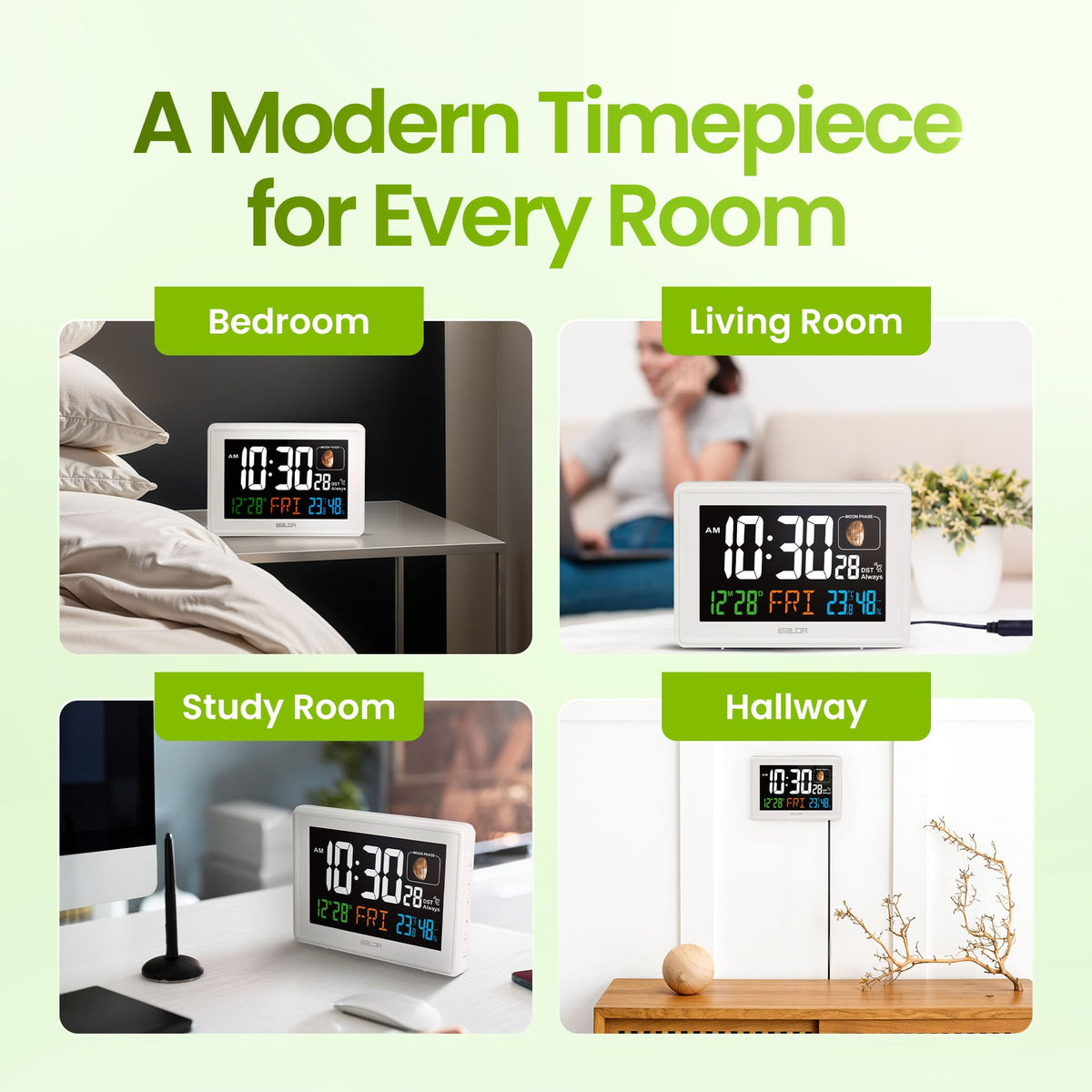 Baldr Atomic Clocks for Bedrooms Digital Large Display - White - Desk Clock with Temperature Indoor and Humidity, Night Stand Clock, Moon Phase Clock, Alarm Clocks for Living Room, Digital Clock Wall