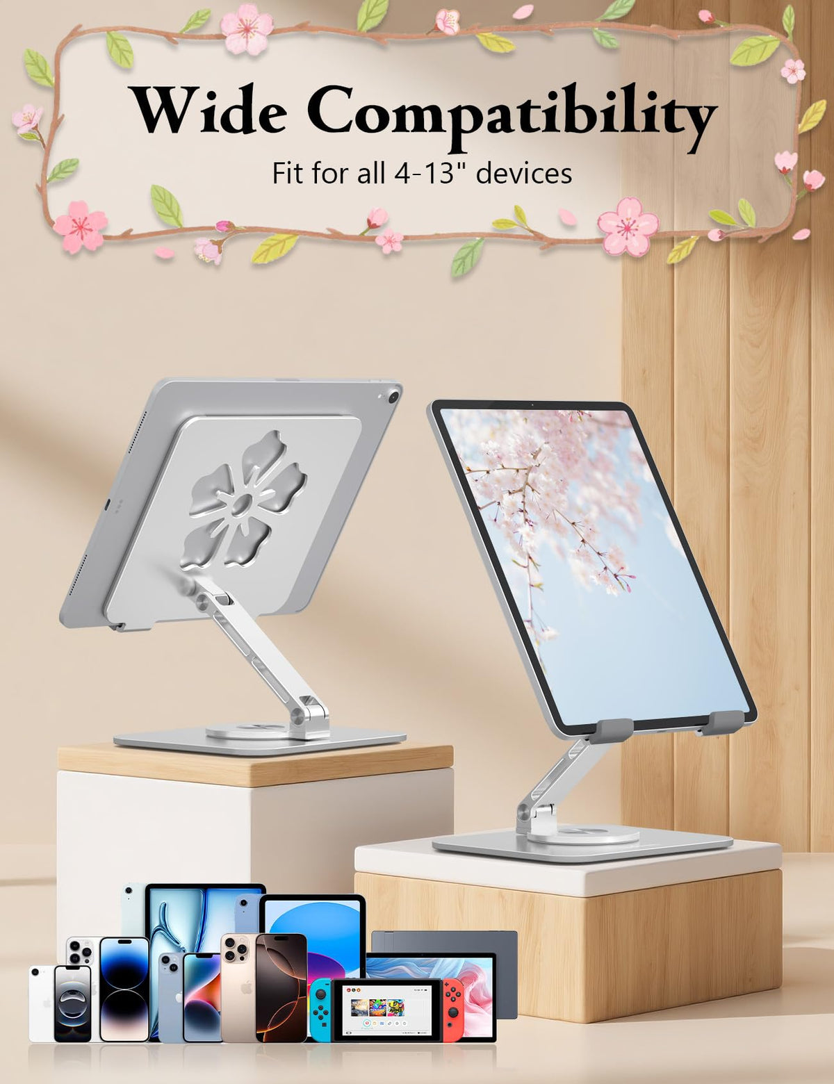 Axbima Rotating Tablet Stand for Desk-Aluminum Office Desk Accessories for Women Moms iPad Gifts Home Office Portable Monitor Stand for iPad, Compatible with iPad Pro, Air, Mini, Kindle 4–12.9",Silver